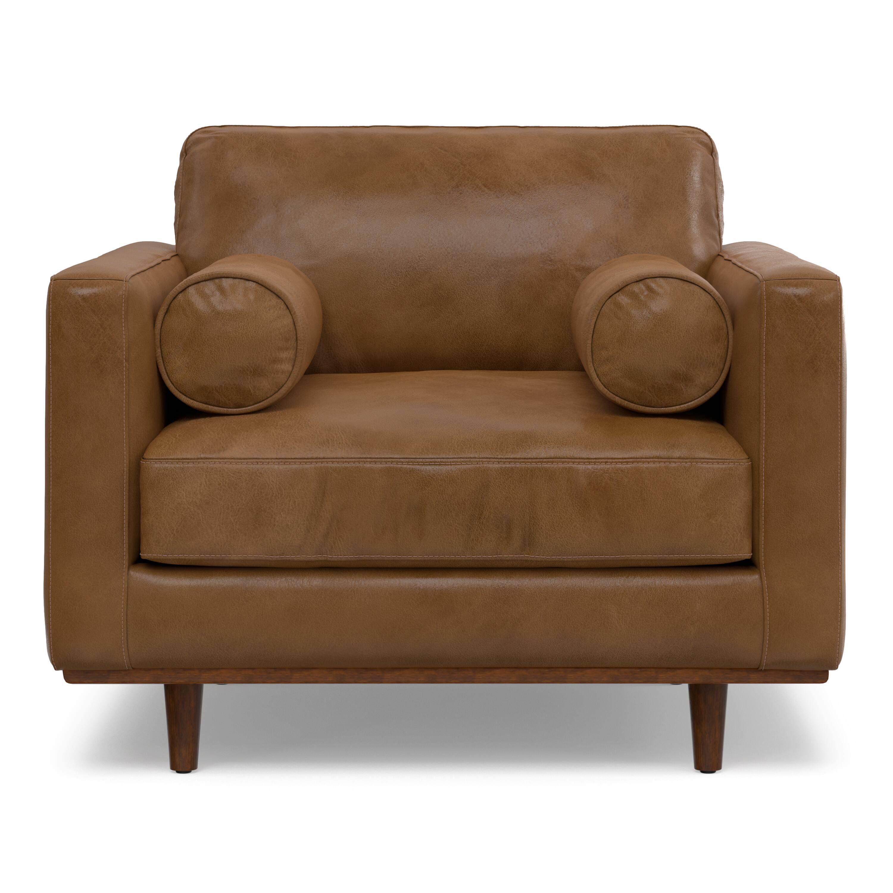 Left. Simpli Home - Morrison 42 inch Wide Mid-Century Modern Arm Chair in Caramel Brown Genuine Leather - Caramel Brown.