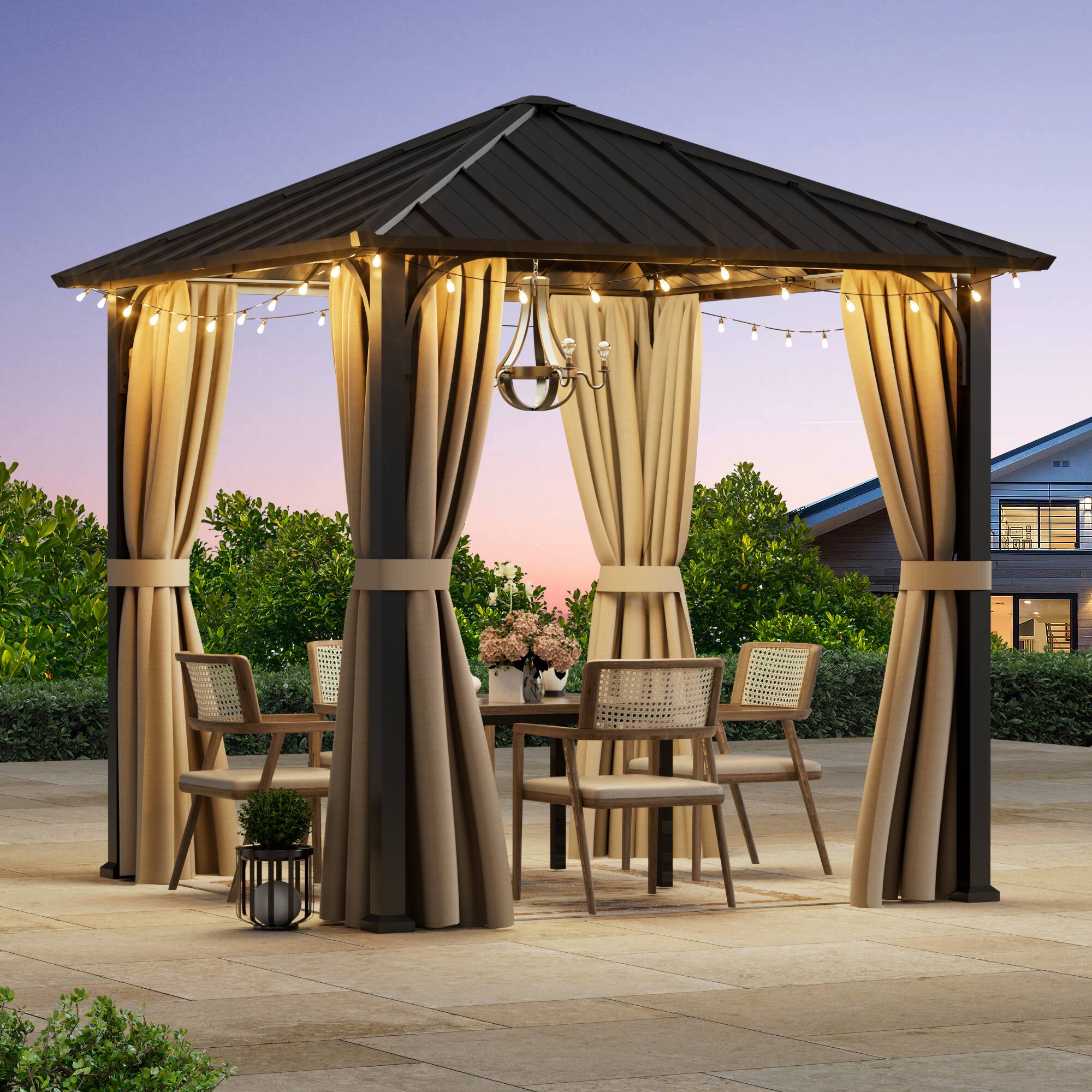 Angle. Modern Shade Outdoor Living Spaces - Modern Shade 8'x8' Hardtop Gazebo with Galvanized Steel Roof & Detachable Curtains, Permanent Metal Gazebo - Black.