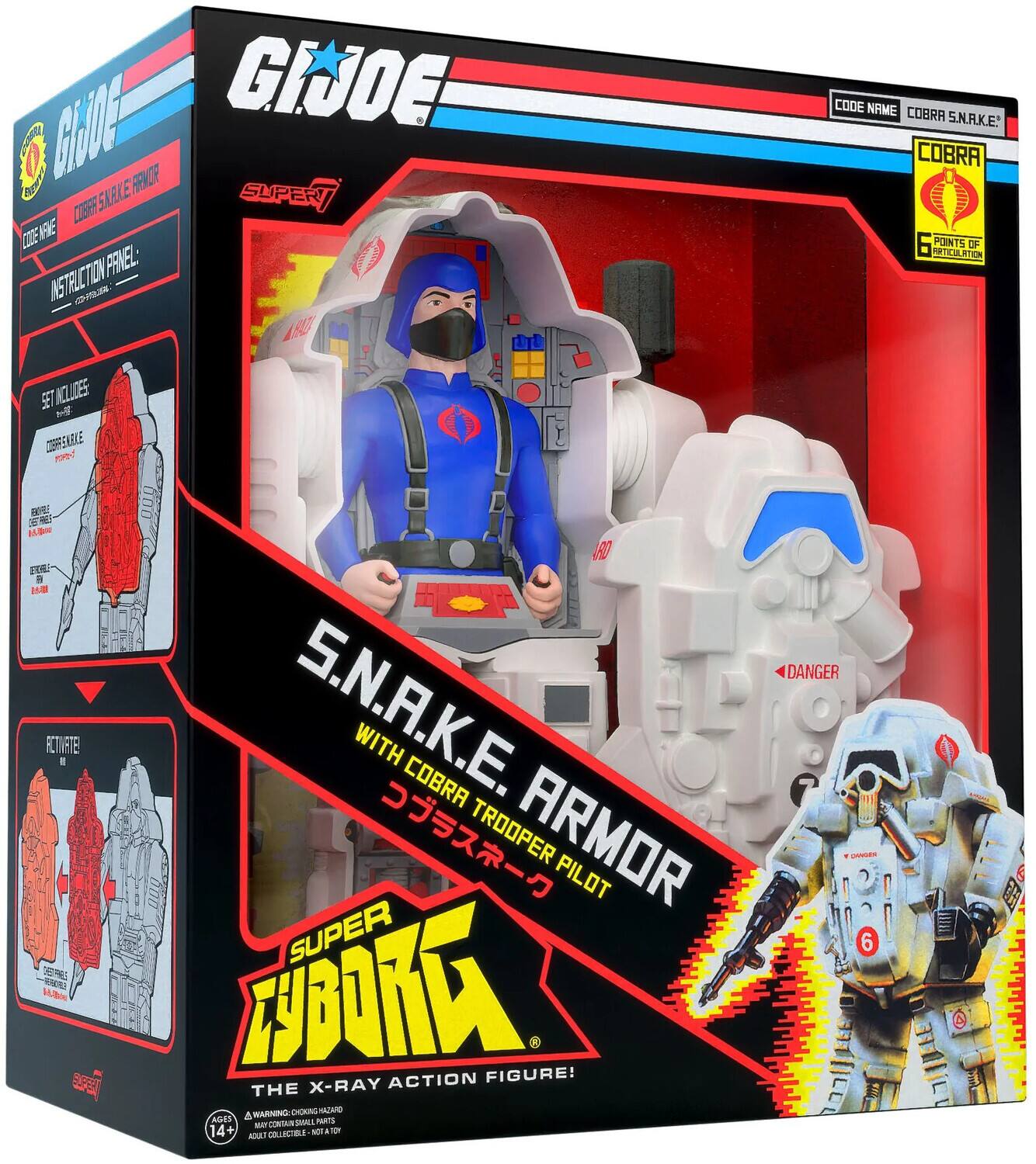 G.I. JOE  
CODE NAME: COBRA S.N.R.K.E.  
INSTRUCTION PANEL:  
SET INCLUDES:  
- COBRA S.N.R.K.E.  
- COBRA TROOPER ARMOR PILOT  
- 6 POINTS OF ARTICULATION  

ACTIVATE!  
THE X-RAY ACTION FIGURE!  

WARNING: CHOKING HAZARD - SMALL PARTS. NOT FOR CHILDREN UNDER 3 YEARS.  
ADULT COLLECTIBLE - NOT A TOY.