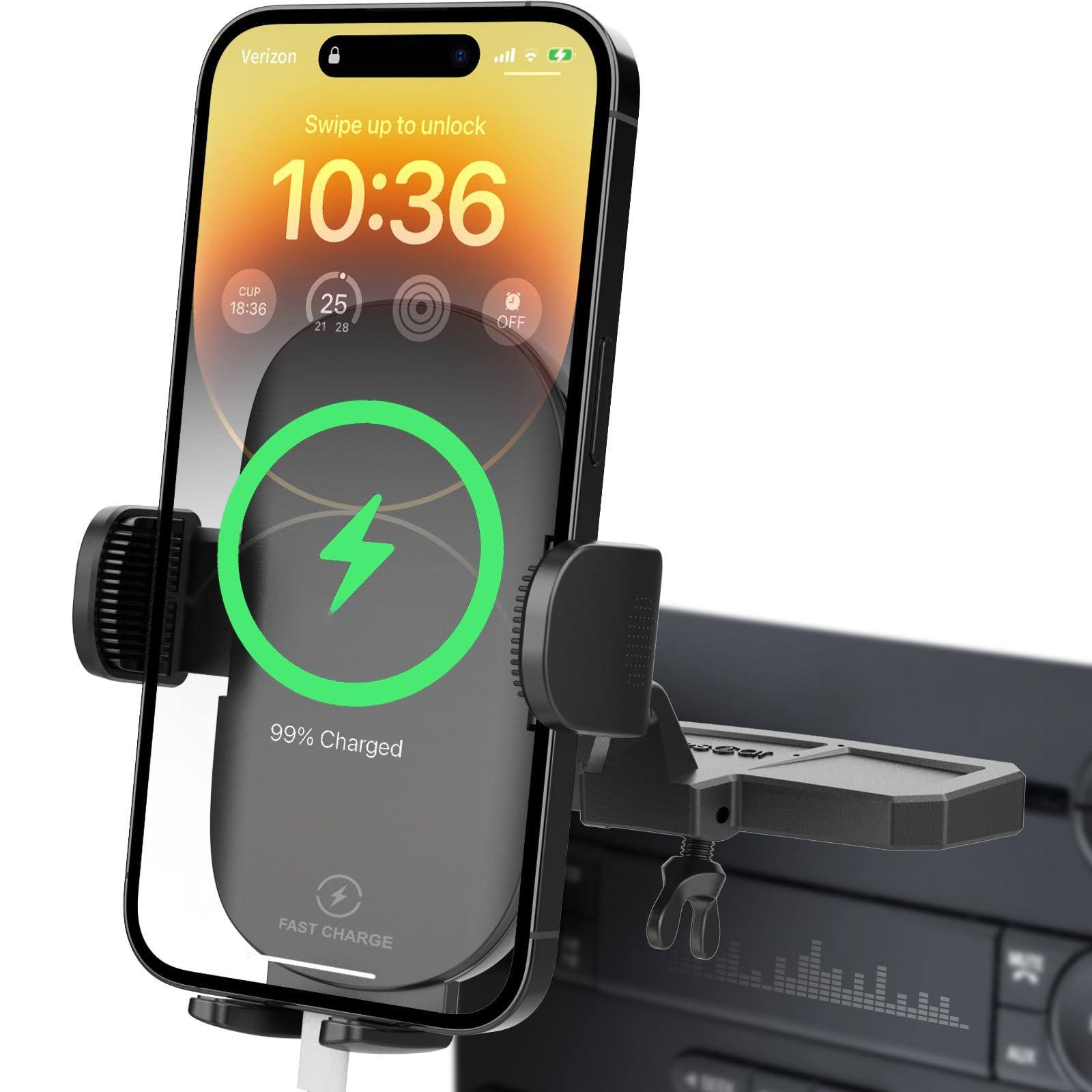 Stylel Star - Sturdy Cd Slot Phone Mount With One Hand Operation Design Hands-free Car Holder Universally Compatible All & Android - Upgraded Wireless Charger