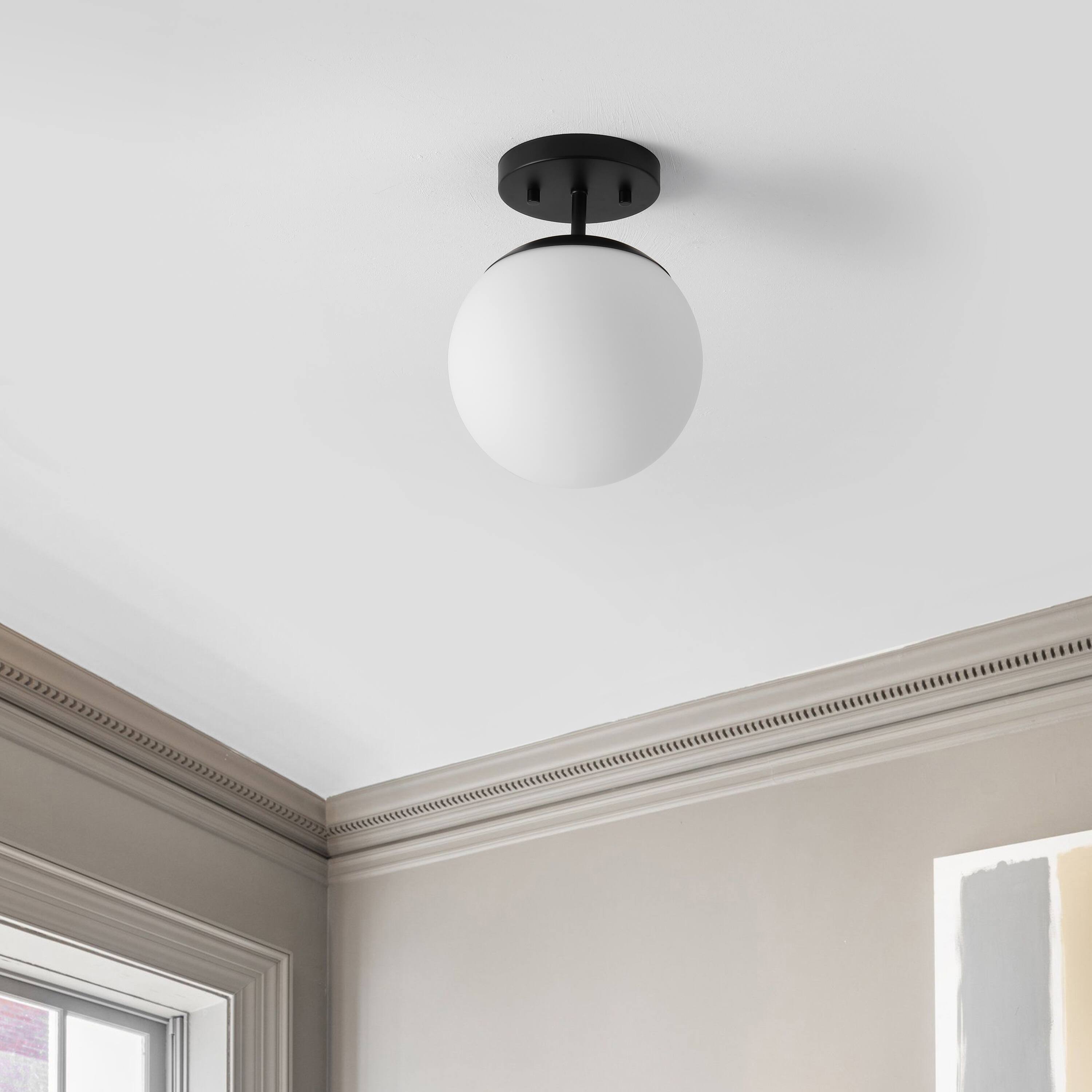 Alt View 5. Jonathan Y - Marcel Bistro 7.75" 1-Light Bohemian Farmhouse Iron/Frosted Glass LED Semi Flush Mount, Black/White - Black/White.