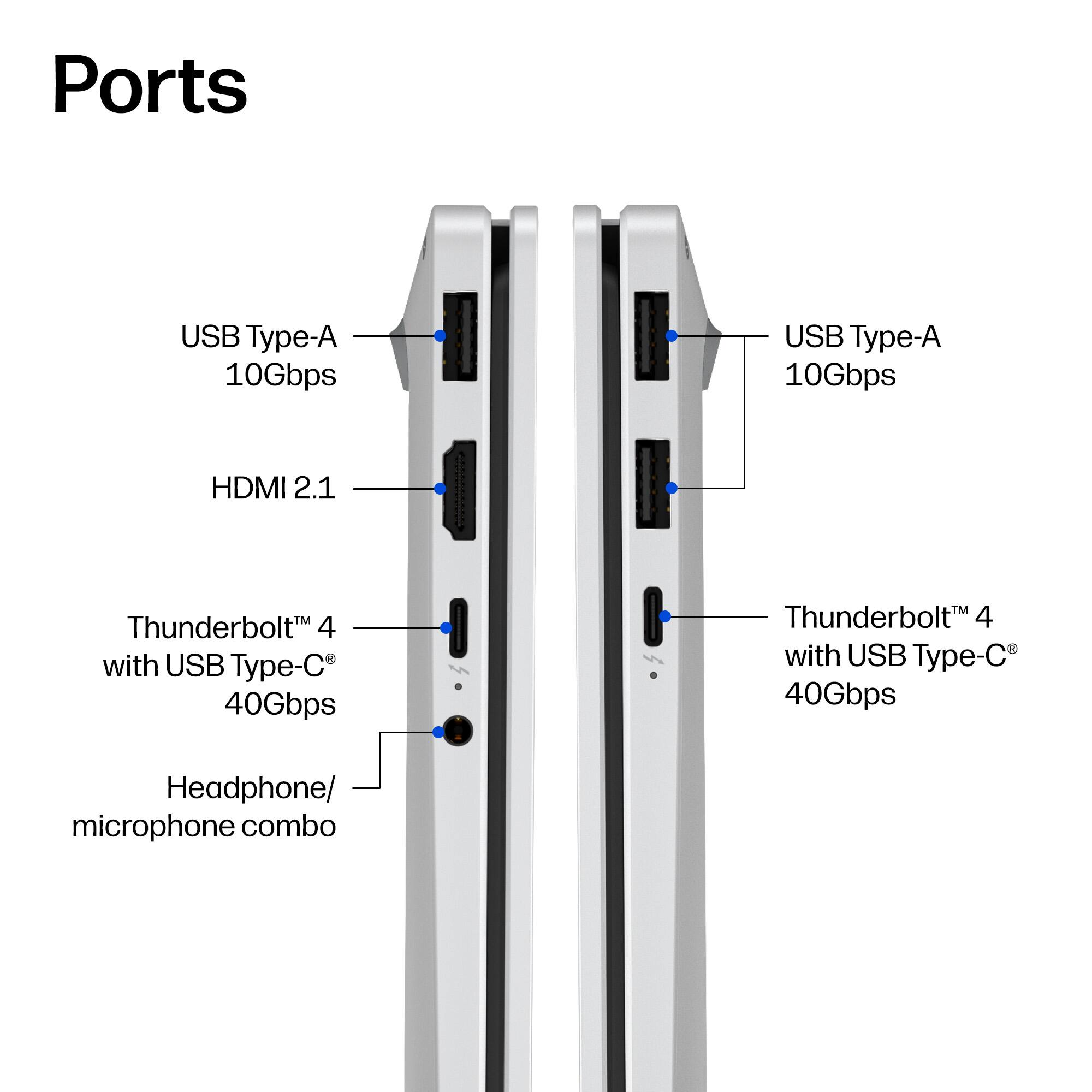 Ports  
- USB Type-A 10Gbps  
- USB Type-A 10Gbps  
- HDMI 2.1  
- Thunderbolt™ 4 with USB Type-C® 40Gbps  
- Thunderbolt™ 4 with USB Type-C® 40Gbps  
- Headphone/ microphone combo