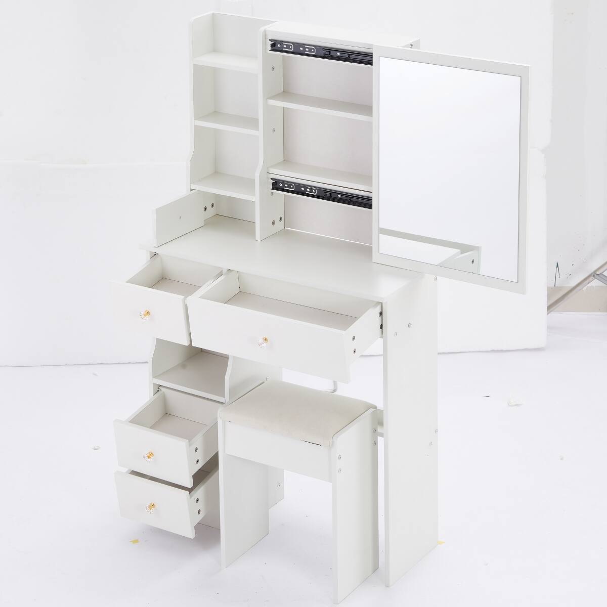 Alt View 8. Loheer - Loheer Small Space Makeup Vanity with Sliding Mirror and Padded Stool - White.