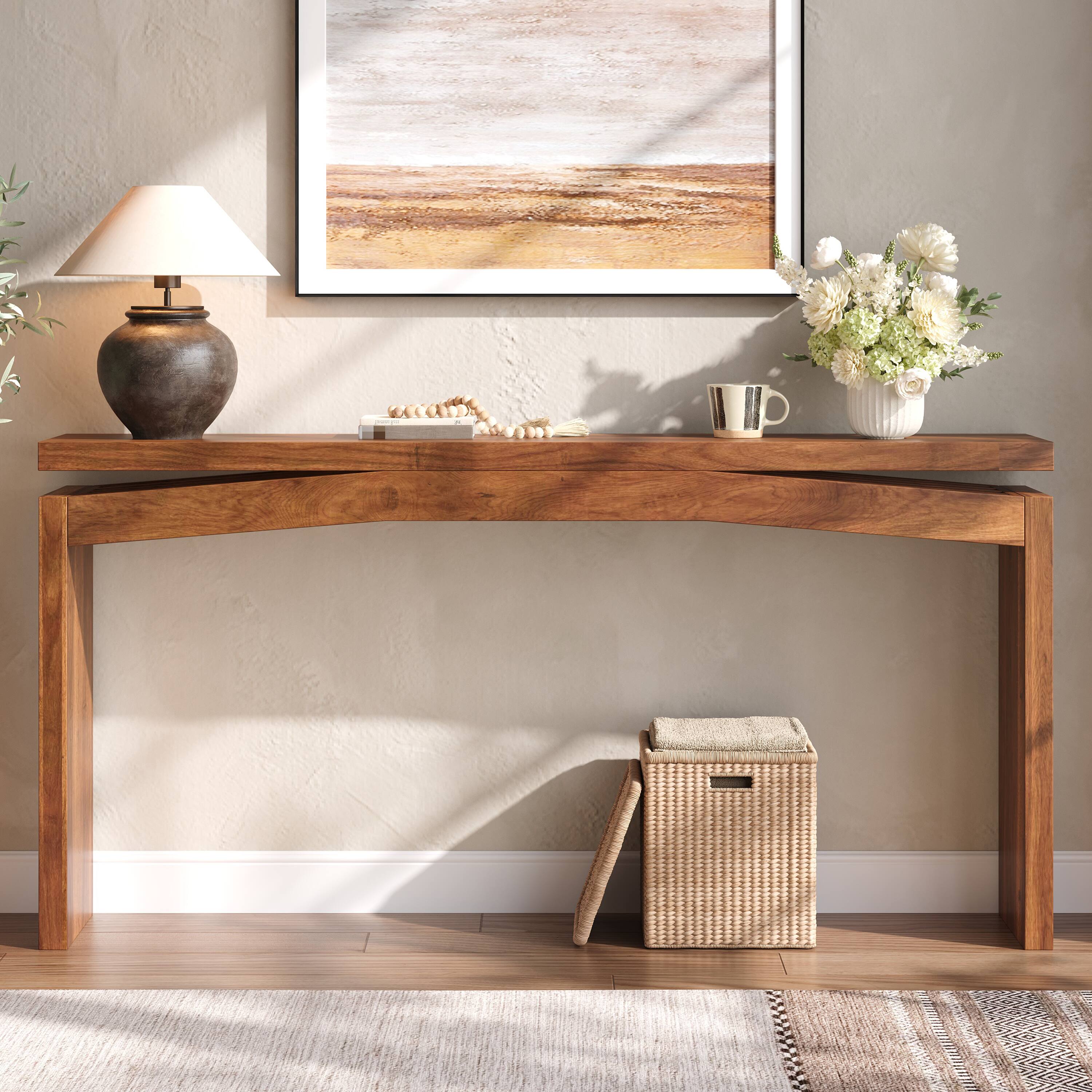 Angle. Z-Edge - Console Tables, 62-Inch Wooden Sofa Tables, Narrow Long Behind Couch, Modern Entryway Tables Rectangular for Living Room - Walnut.