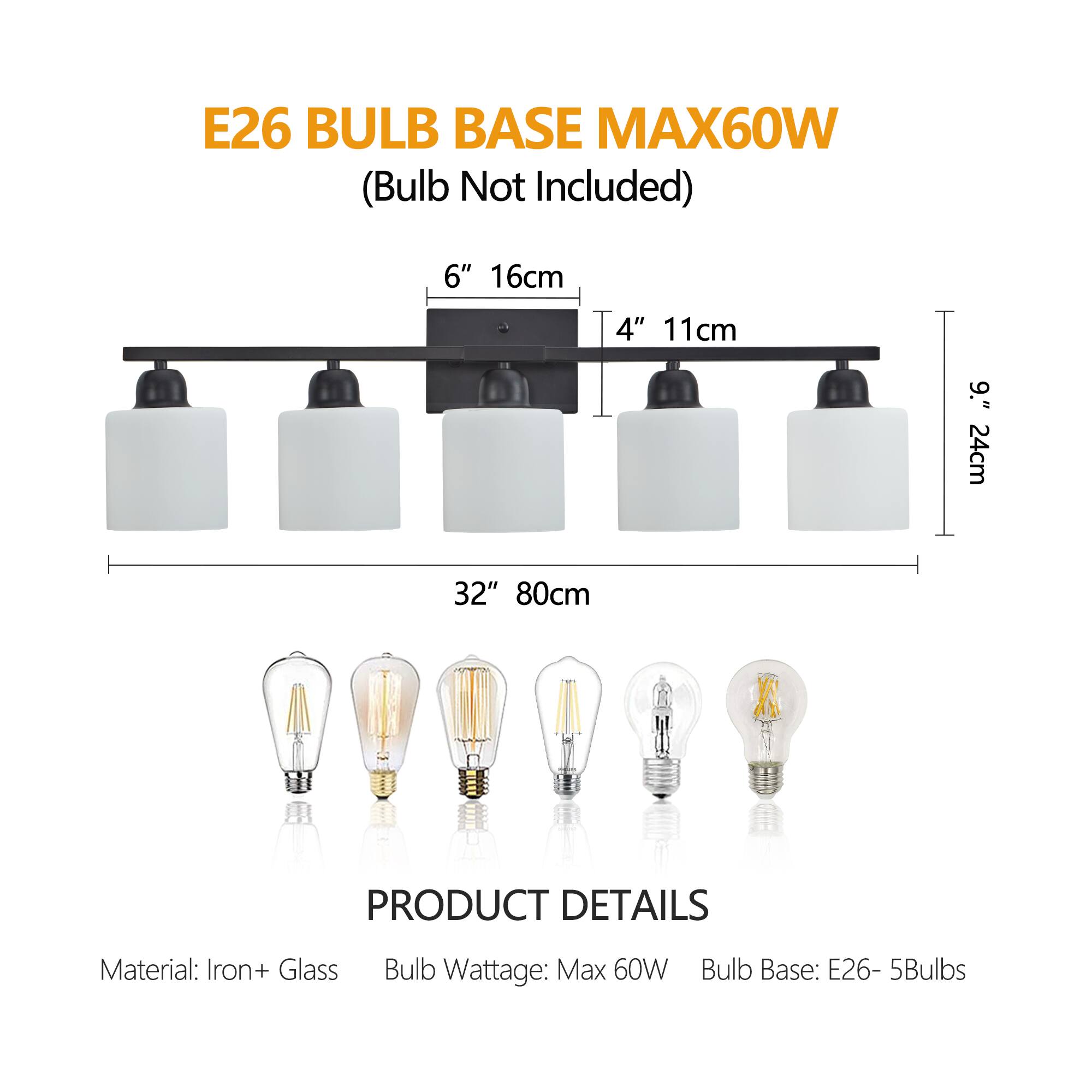 E26 BULB BASE MAX60W (Bulb Not Included)

6" 16cm  
4" 11cm  
9" 24cm  
32" 80cm

PRODUCT DETAILS  
Material: Iron + Glass  
Bulb Wattage: Max 60W  
Bulb Base: E26 - 5Bulbs