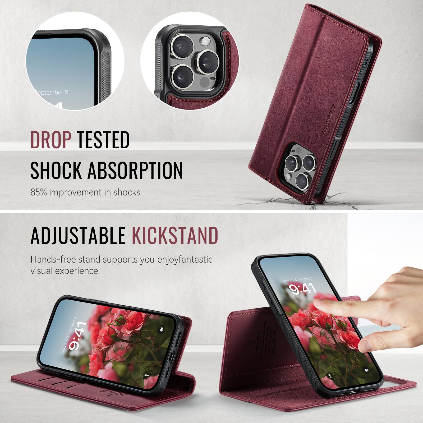September 9

DROP TESTED  
SHOCK ABSORPTION  
85% improvement in shocks

ADJUSTABLE KICKSTAND  
Hands-free stand supports you enjoy fantastic visual experience.