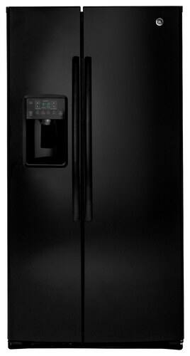 Front Standard. GE - 25.9 Cu. Ft. Frost-Free Side-by-Side Refrigerator with Thru-the-Door Ice and Water - High Gloss Black.