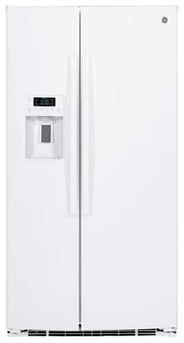 Front Standard. GE - 25.9 Cu. Ft. Frost-Free Side-by-Side Refrigerator with Thru-the-Door Ice and Water - High Gloss White.
