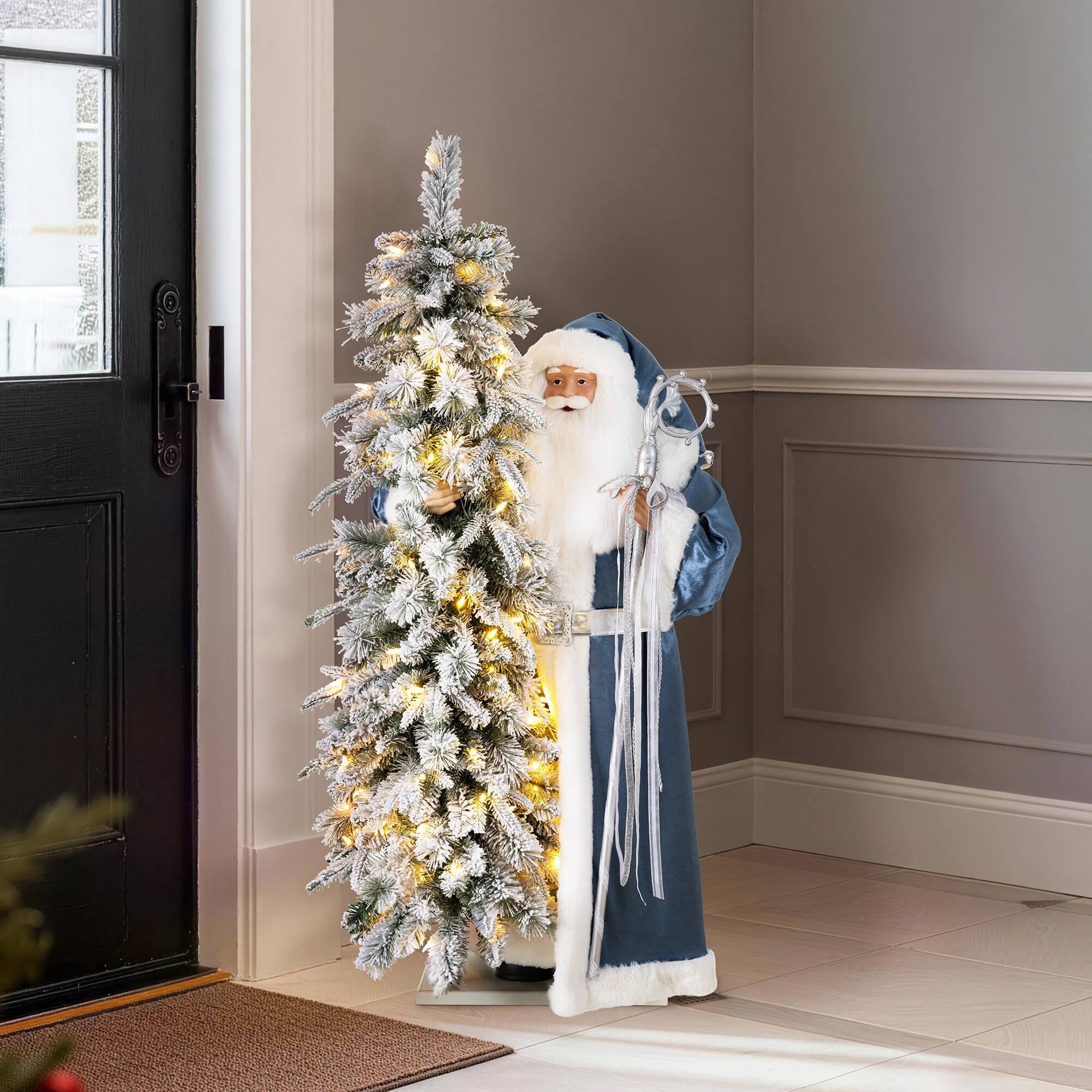 Alt View 4. Glitzhome - 3.5FT Oversized Deluxe Santa with 4FT Lighted Flocked Artificial Christmas Tree - Multi-Colored.
