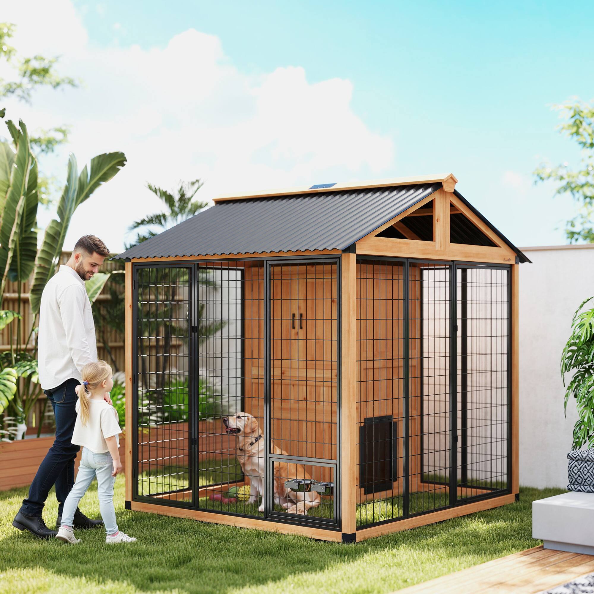 Alt View 1. Pawhut - 7' x 6' Extra Large Dog House, Wood Outdoor Dog Kennel with Storage Cabinet, Stainless Steel Bowls - Yellow.