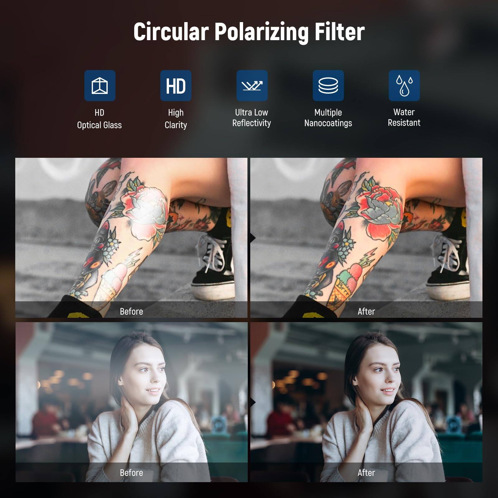 Circular Polarizing Filter

- HD Optical Glass
- High Clarity
- Ultra Low Reflectivity
- Multiple Nanocoatings
- Water Resistant

Before After

Before After