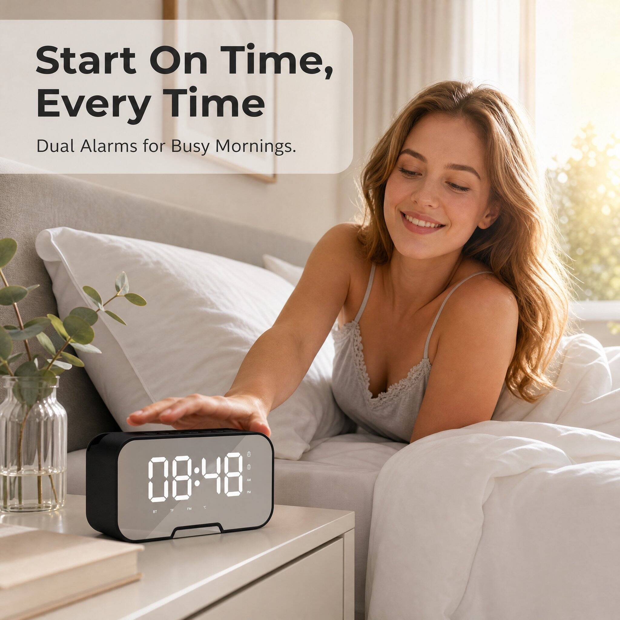 Start On Time, Every Time  
Dual Alarms for Busy Mornings.  

1 08:48 RYNT F it :  GOIZ F