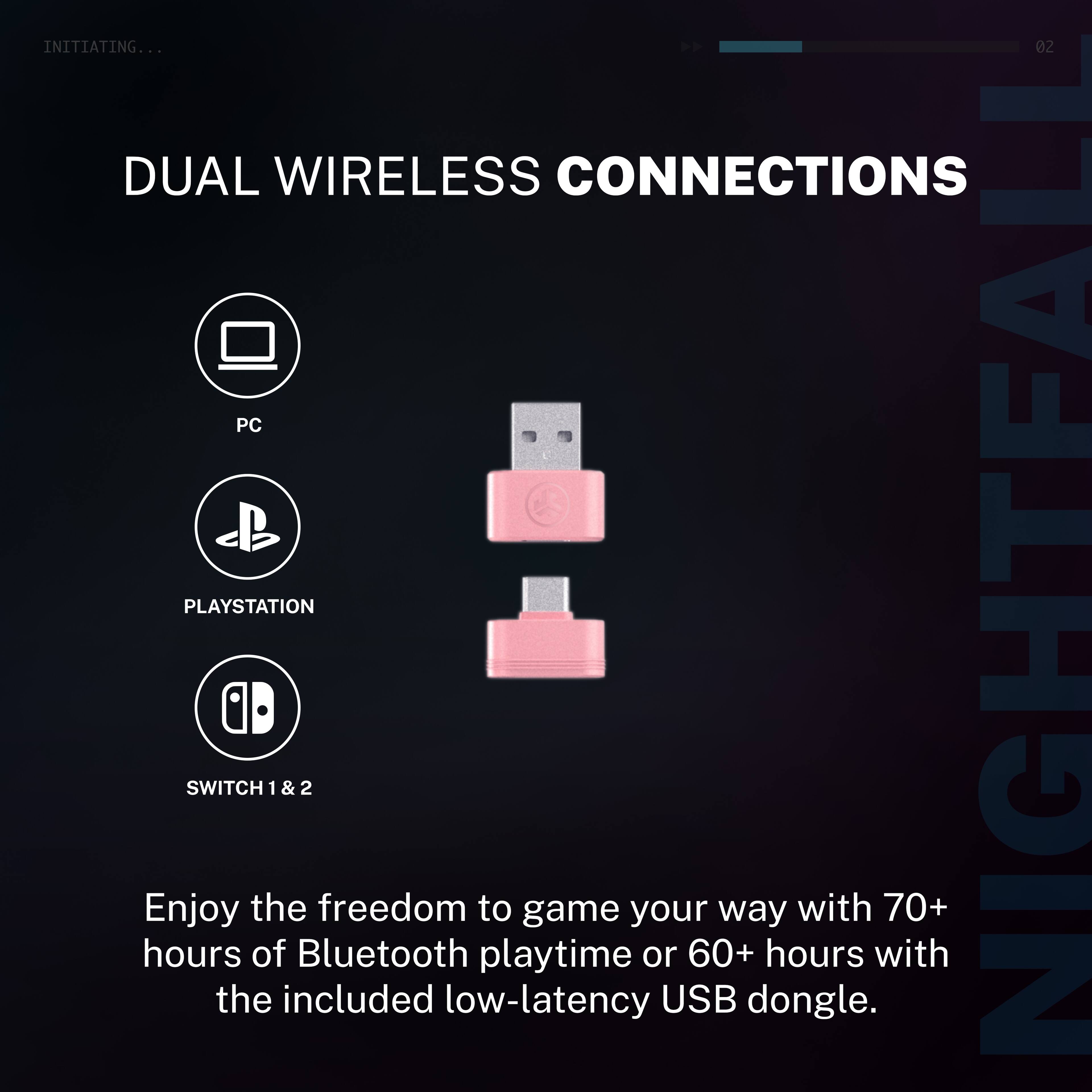 INITIATING...  
02 DUAL WIRELESS CONNECTIONS

PC  
PLAYSTATION  
SWITCH 1 & 2

Enjoy the freedom to game your way with 70+ hours of Bluetooth playtime or 60+ hours with the included low-latency USB dongle.