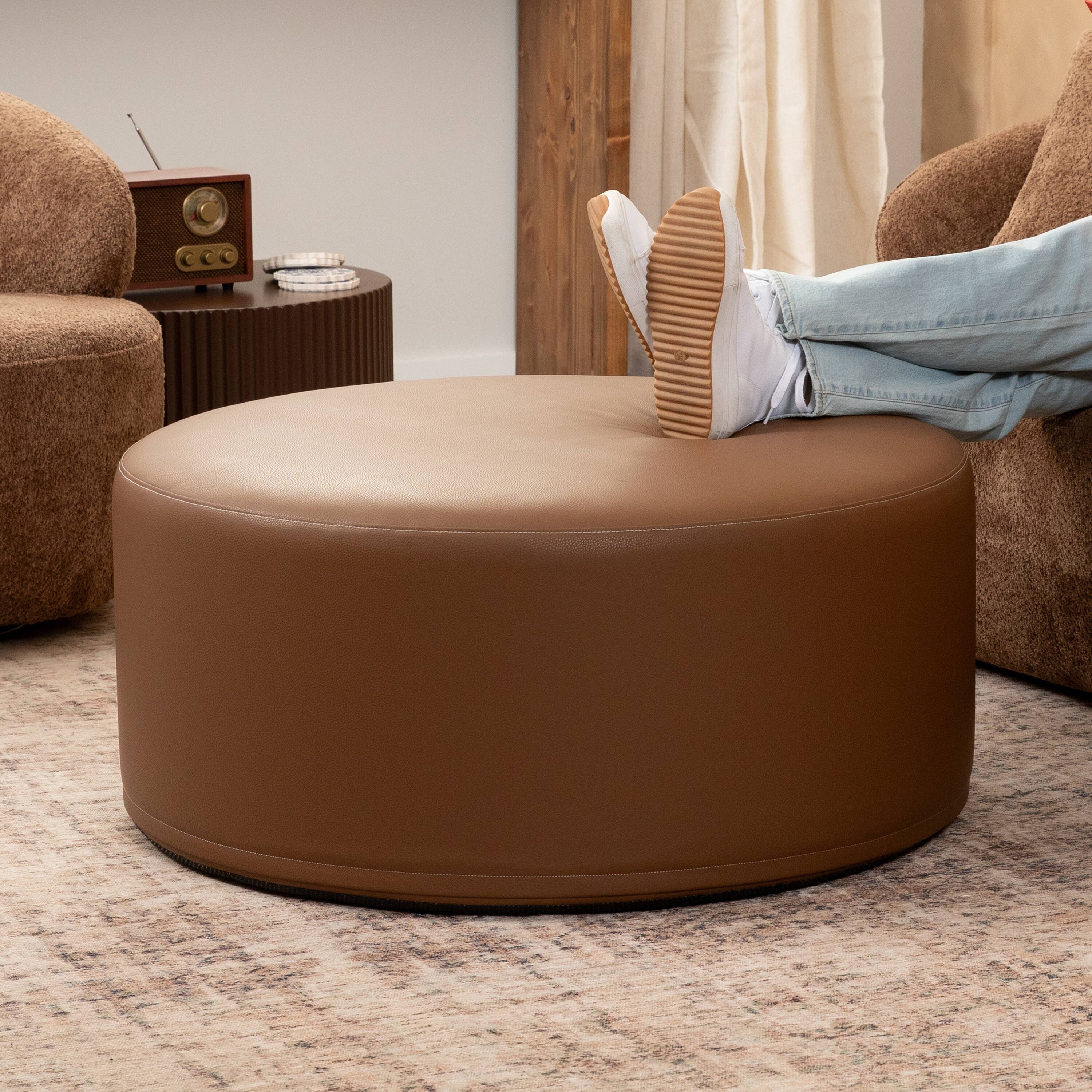 Angle. Jaxx - Jaxx Candler Round Couch Oversized Giant Coffee Table Ottoman, Kid Safe with Removable Cover, Walnut - Faux Leather Walnut.