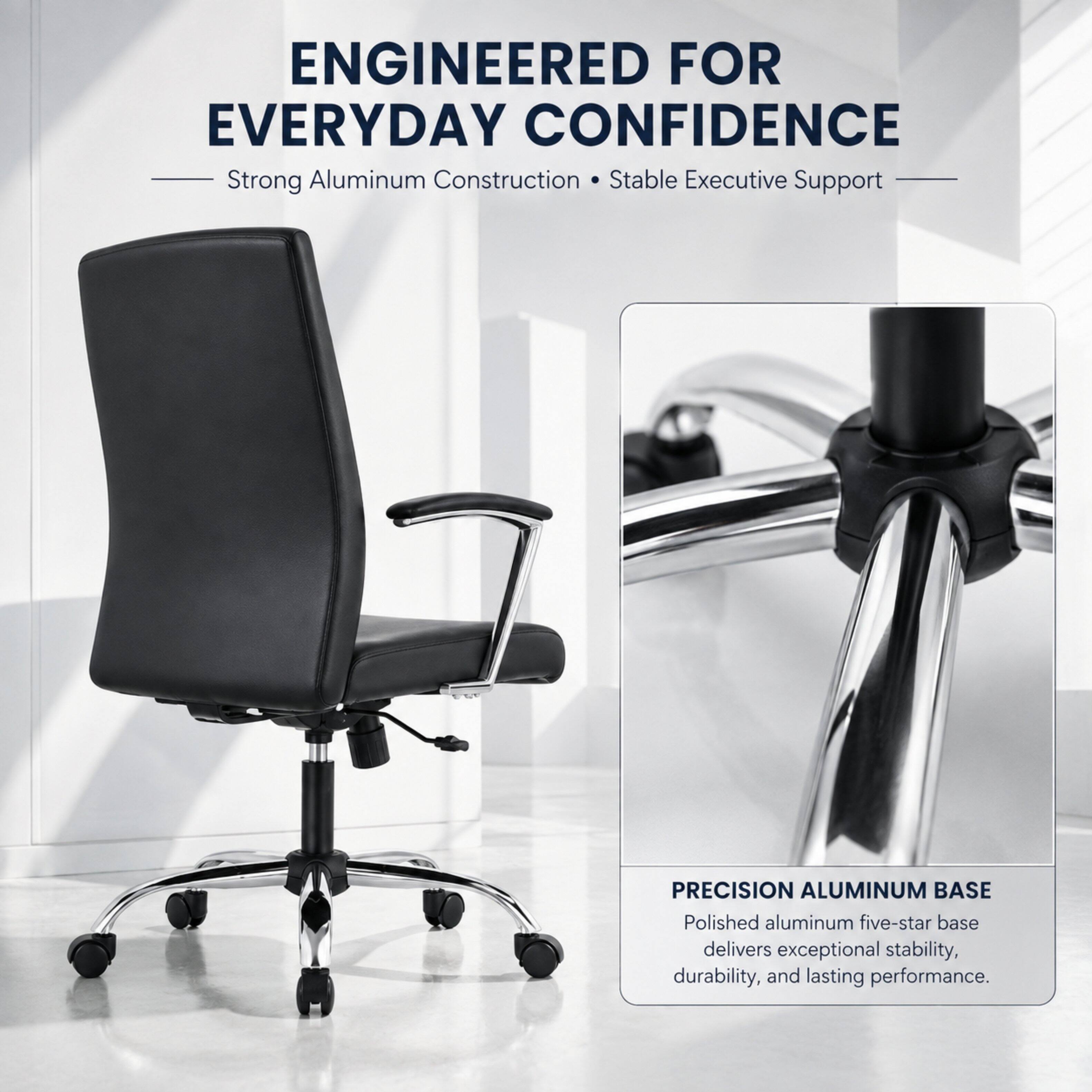 ENGINEERED FOR EVERYDAY CONFIDENCE  
Strong Aluminum Construction • Stable Executive Support  

PRECISION ALUMINUM BASE  
Polished aluminum five-star base delivers exceptional stability, durability, and lasting performance.