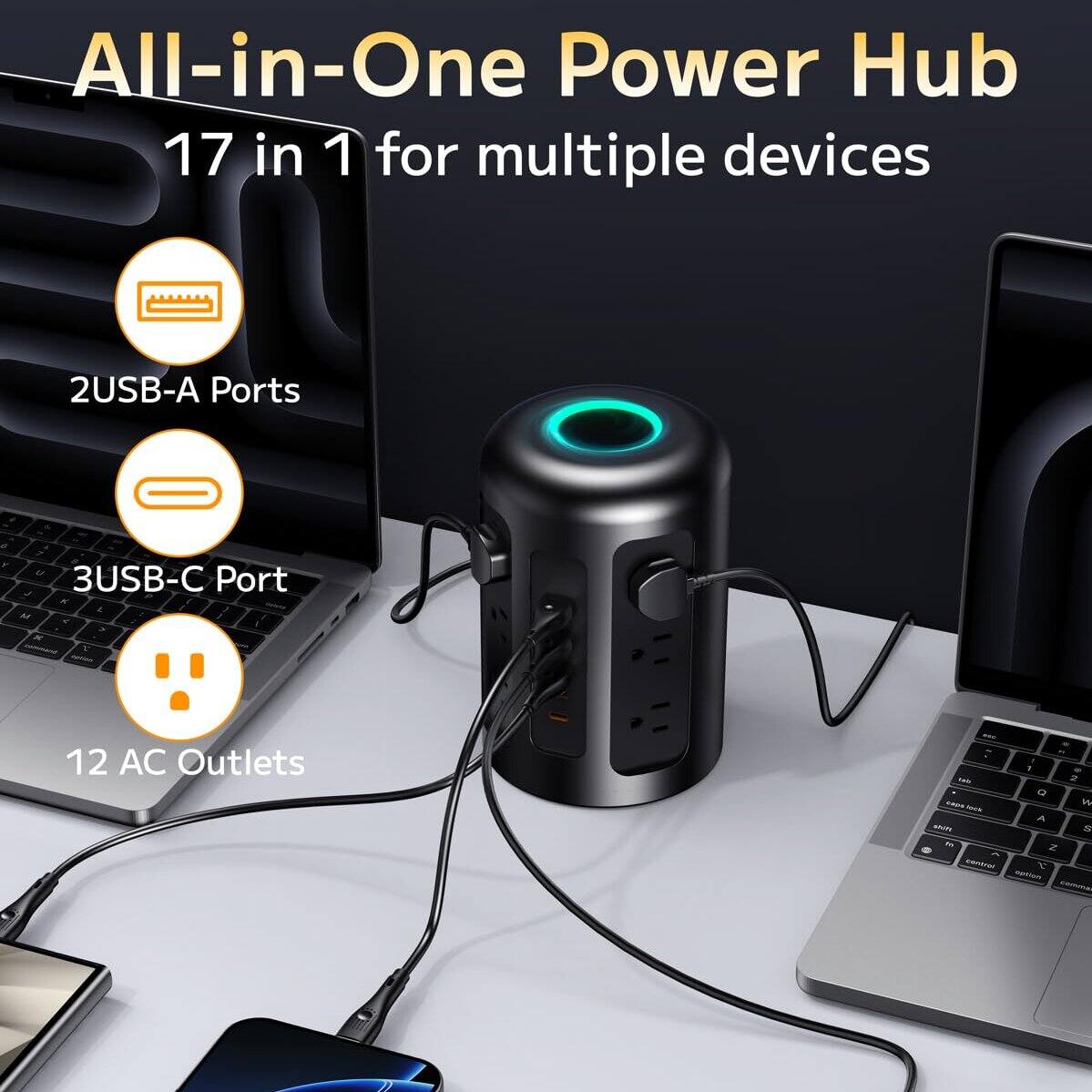 All-in-One Power Hub  
17 in 1 for multiple devices  
2 USB-A Ports  
3 USB-C Port  
12 AC Outlets