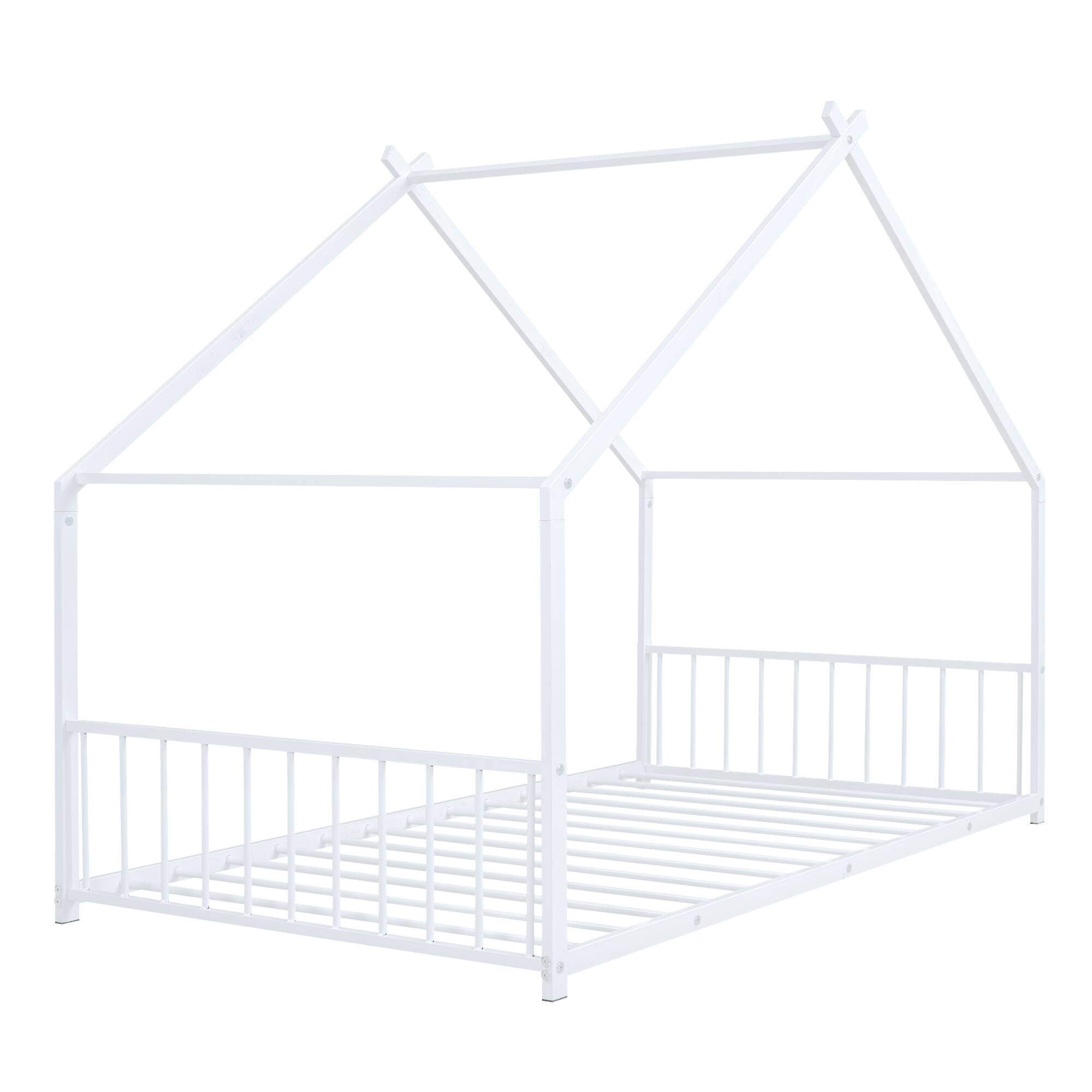 Alt View 4. GOODSILO - Twin Size Metal House Frame Bed with Playful Roof Design for Children's Bedroom and Play Area - White.