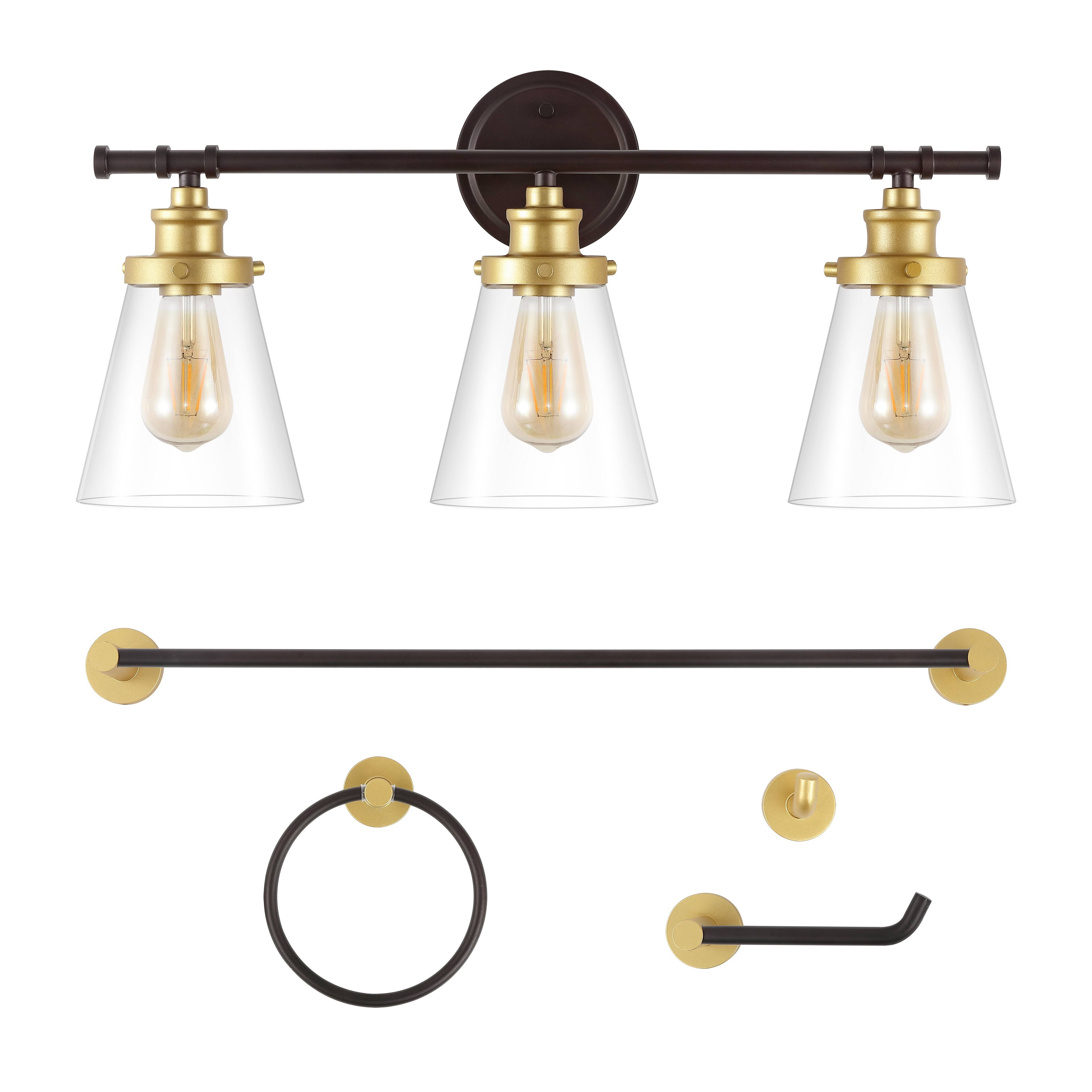 Alt View 7. Jonathan Y - Hollis 23.75" 3-Light Vanity Light with Bathroom Hardware Accessory Set, Oil Rubbed Bronze/Gold Painting (5-Piece) - Oil Rubbed Bronze/Gold Painting.