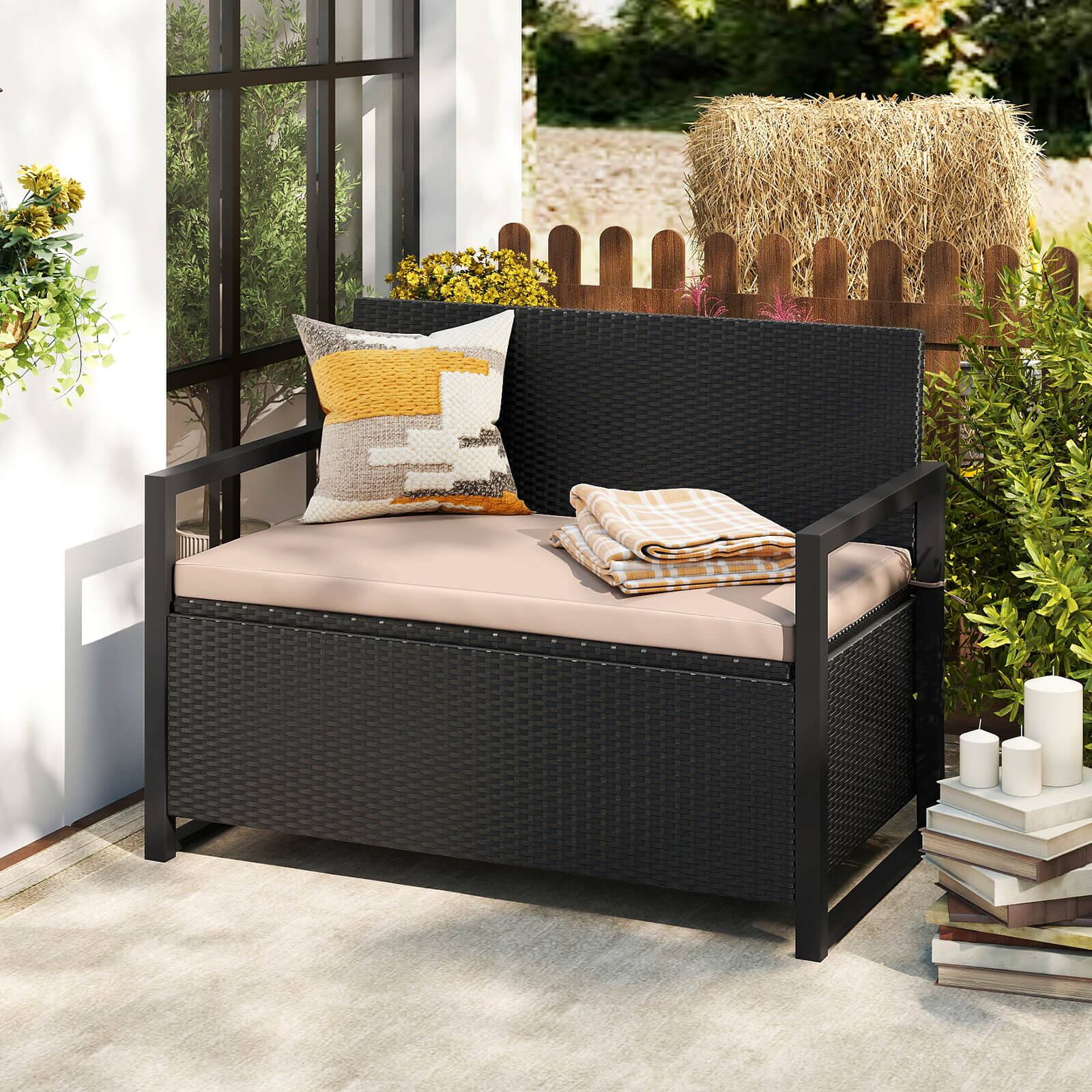Alt View 3. Costway - Costway Patio Storage Bench Wicker Loveseat with Built-in Storage & Long Seat Cushion - Black.