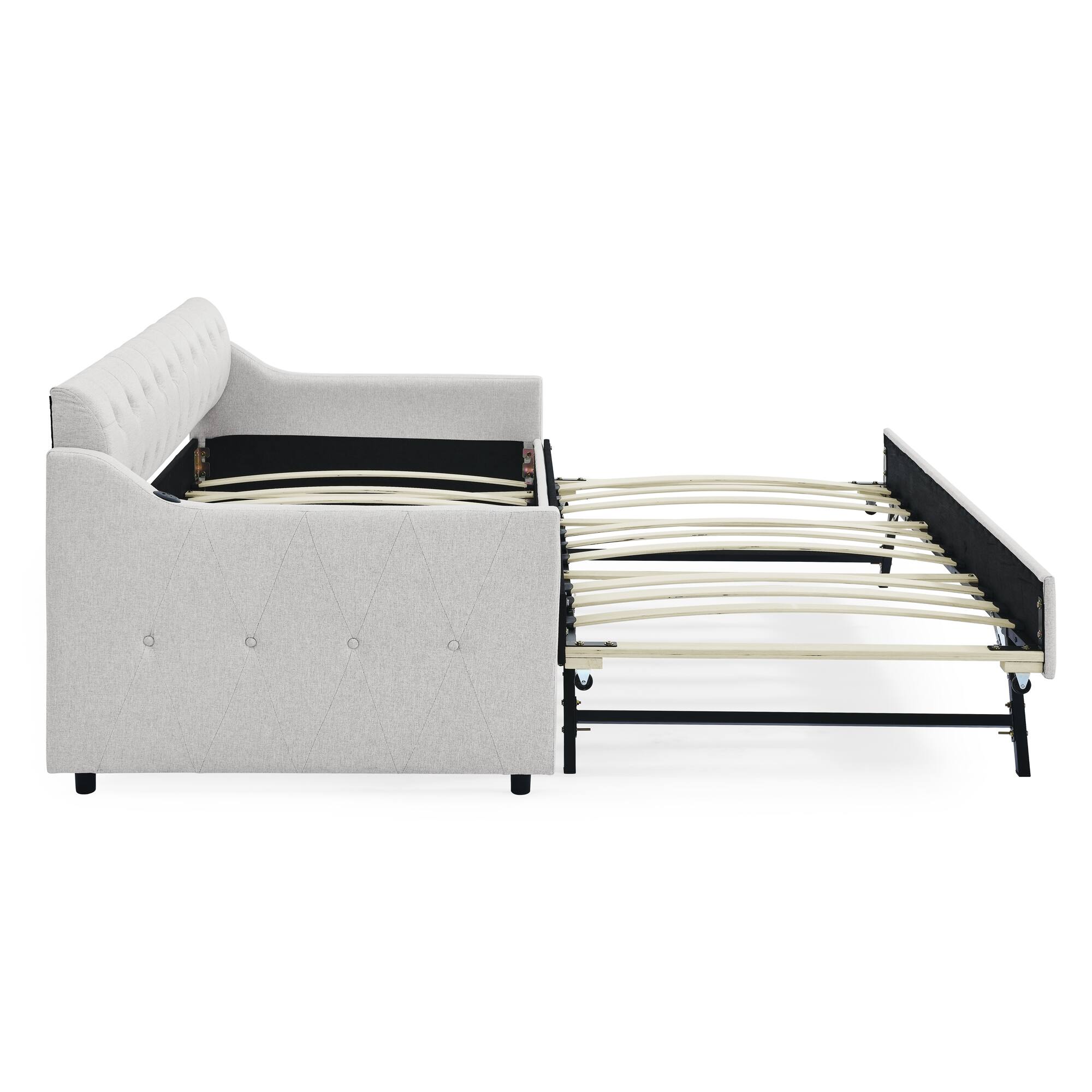 Alt View 7. Tiramisubest - Twin Size Upholstery DayBed with Twin Size Erectable Trundle and USB Charging Design, Linen Beige - Beige.