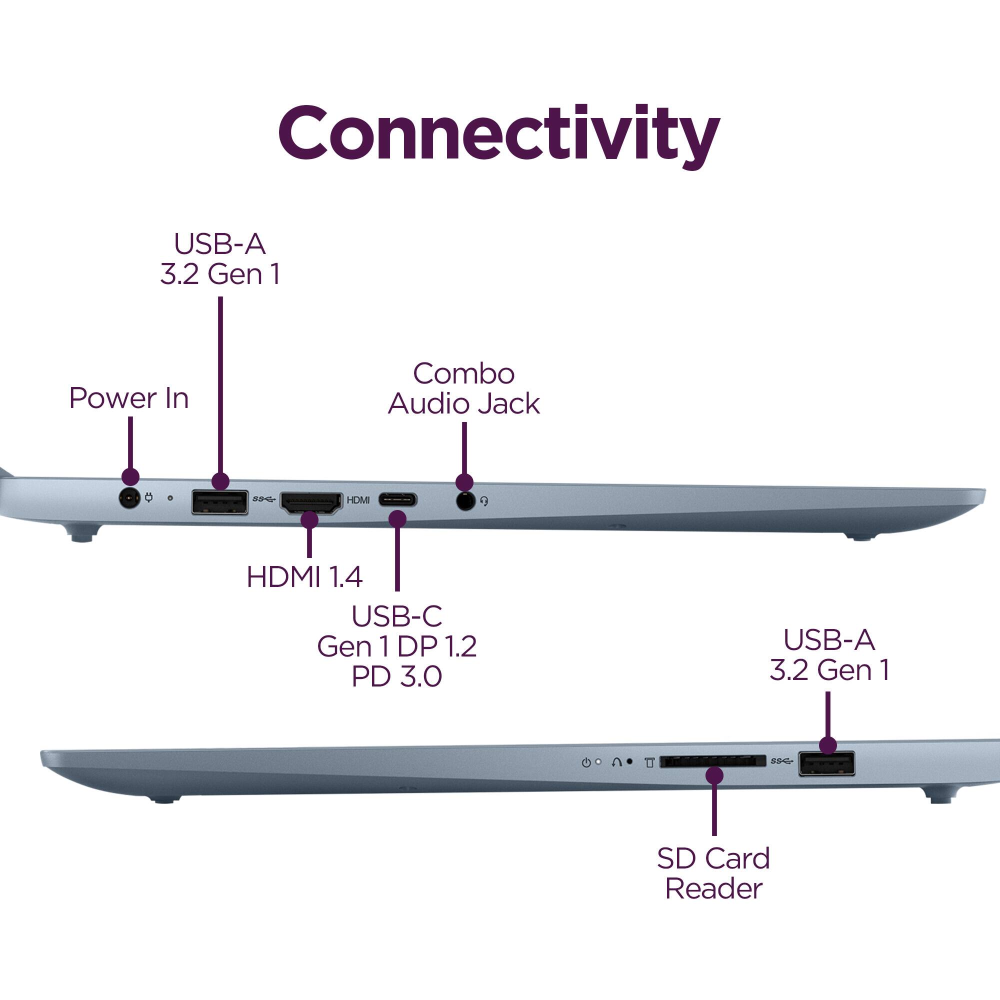Connectivity  
- USB-A 3.2 Gen 1  
- Power In  
- Combo Audio Jack  
- HDMI 1.4  
- USB-C Gen 1 DP 1.2 PD 3.0  
- USB-A 3.2 Gen 1  
- SD Card Reader
