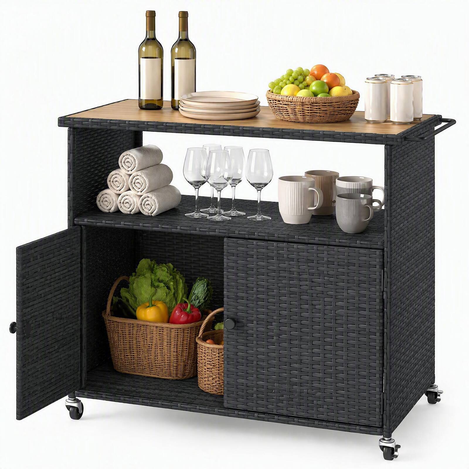 Alt View 9. Costway - Costway Outdoor Storage Cabinet with Acacia Wood Top 2 Doors Buffet Cabinet Sideboard - Black.