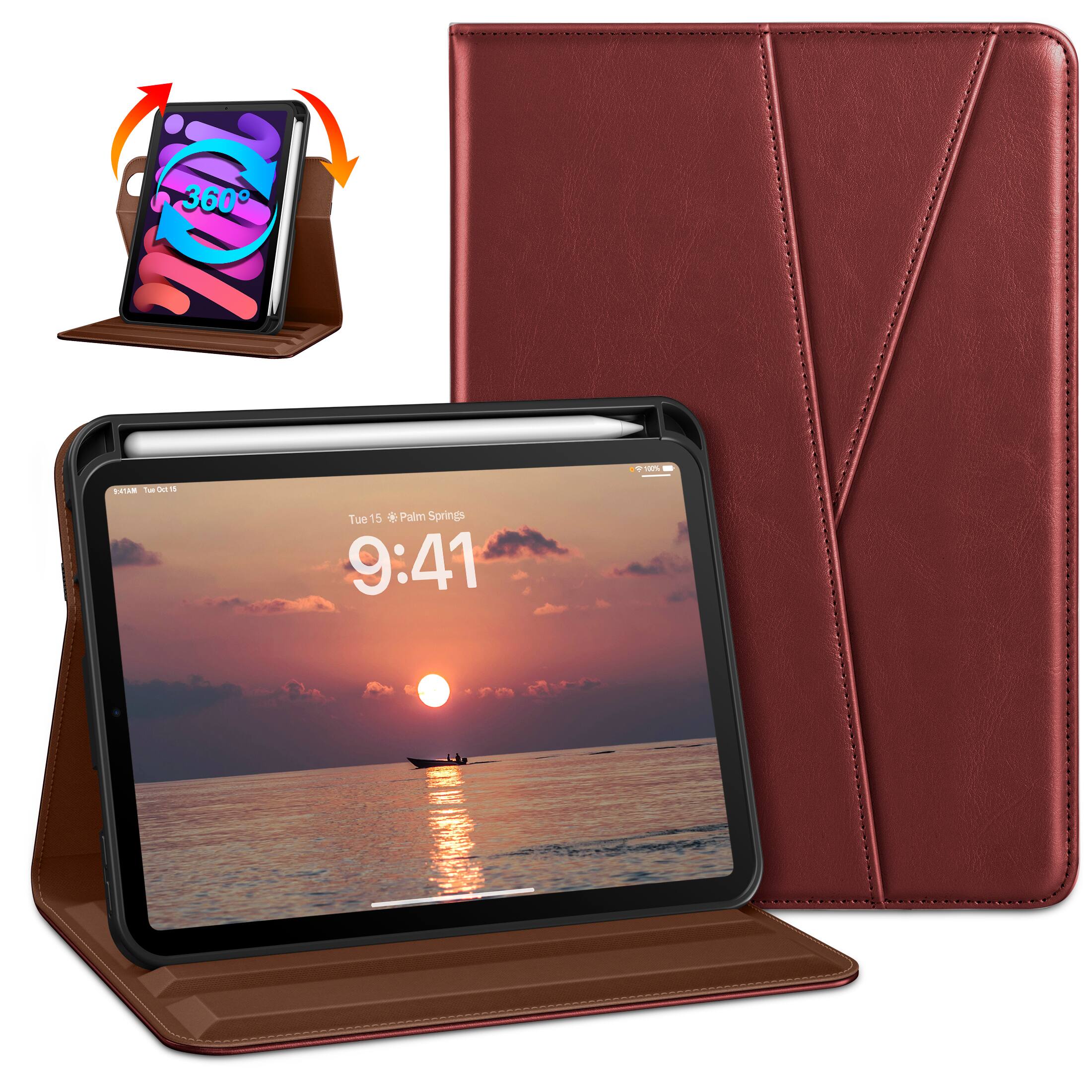 DTTO - Case for iPad Mini 7 (A17 Pro) 2024 / Mini 6 2021 - 360° Rotating Leather Folio with Pencil Holder - Burgundy Red