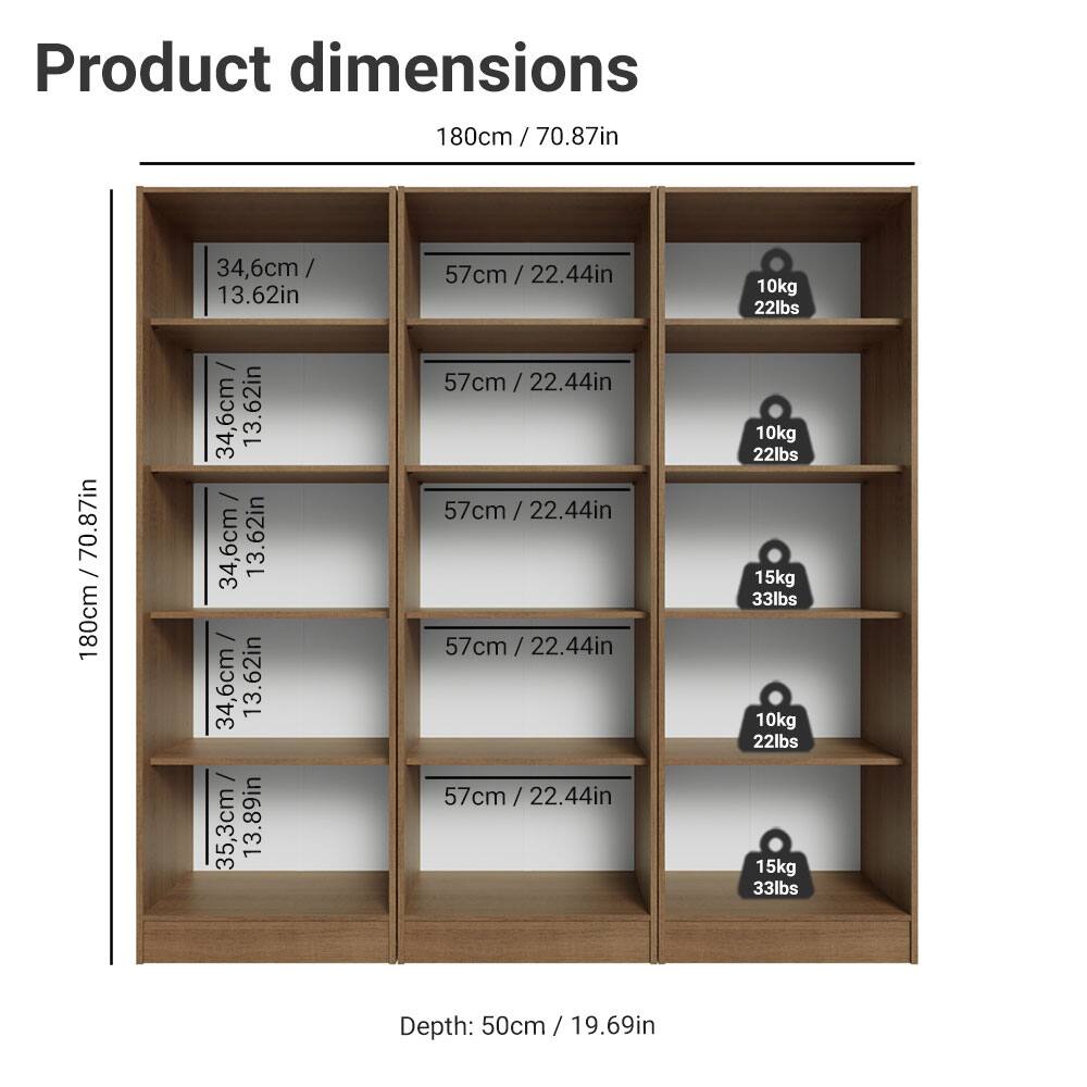 Product dimensions  
180cm / 70.87in  
34.6cm / 13.62in  
57cm / 22.44in  
10kg / 22lbs  
15kg / 33lbs  

Depth: 50cm / 19.69in