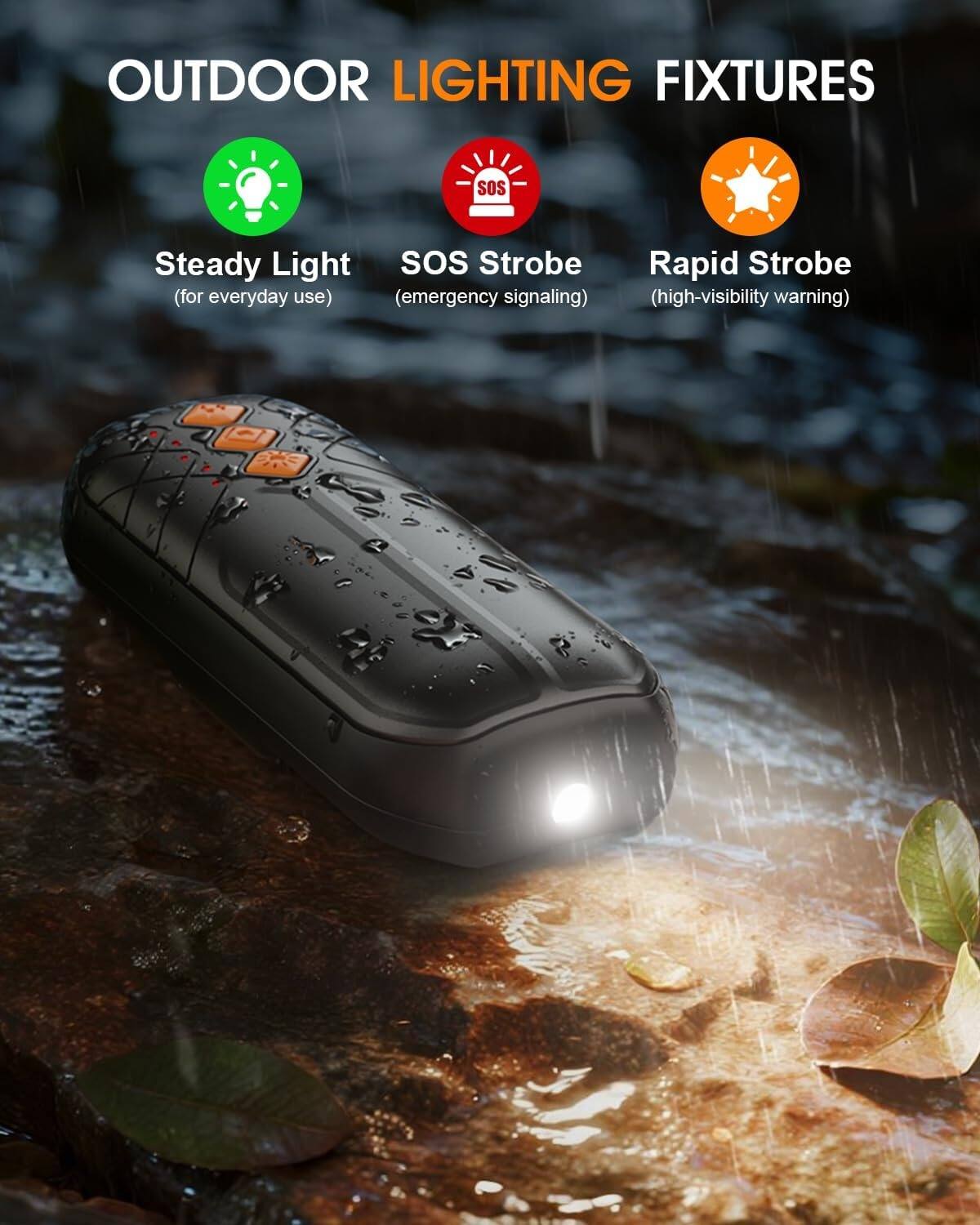 OUTDOOR LIGHTING FIXTURES

- Steady Light (for everyday use)
- SOS Strobe (emergency signaling)
- Rapid Strobe (high-visibility warning)