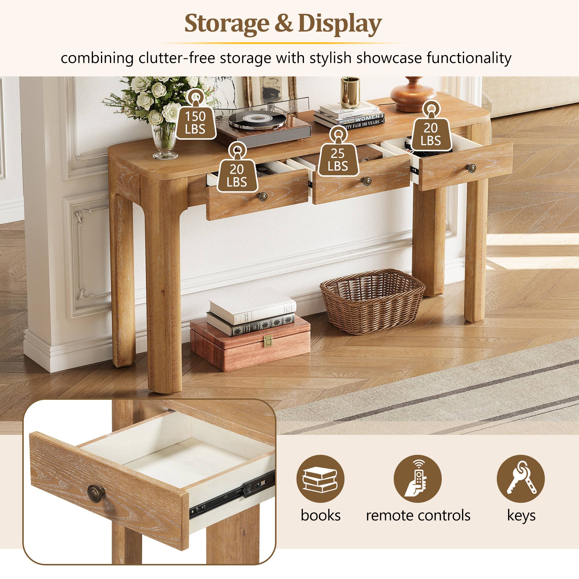 Storage & Display  
combining clutter-free storage with stylish showcase functionality

150 LBS  
20 LBS  
25 LBS  
20 LBS

books  
remote controls  
keys