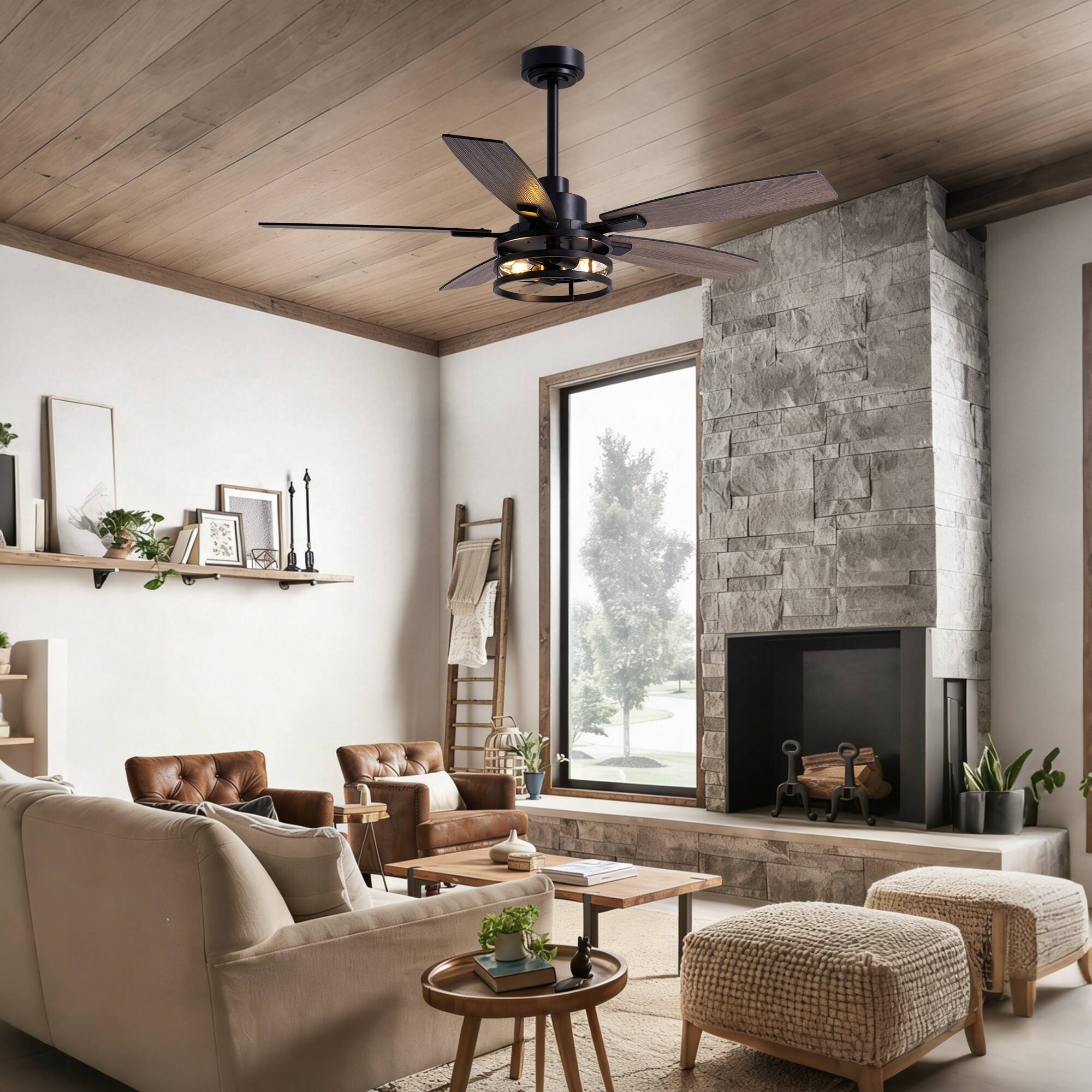 Back. Siljoy - 52 Inch Black Caged Farmhouse Ceiling Fan with Lights & Remote for Bedroom, Living Room & Patio Indoor/Outdoor - Black.
