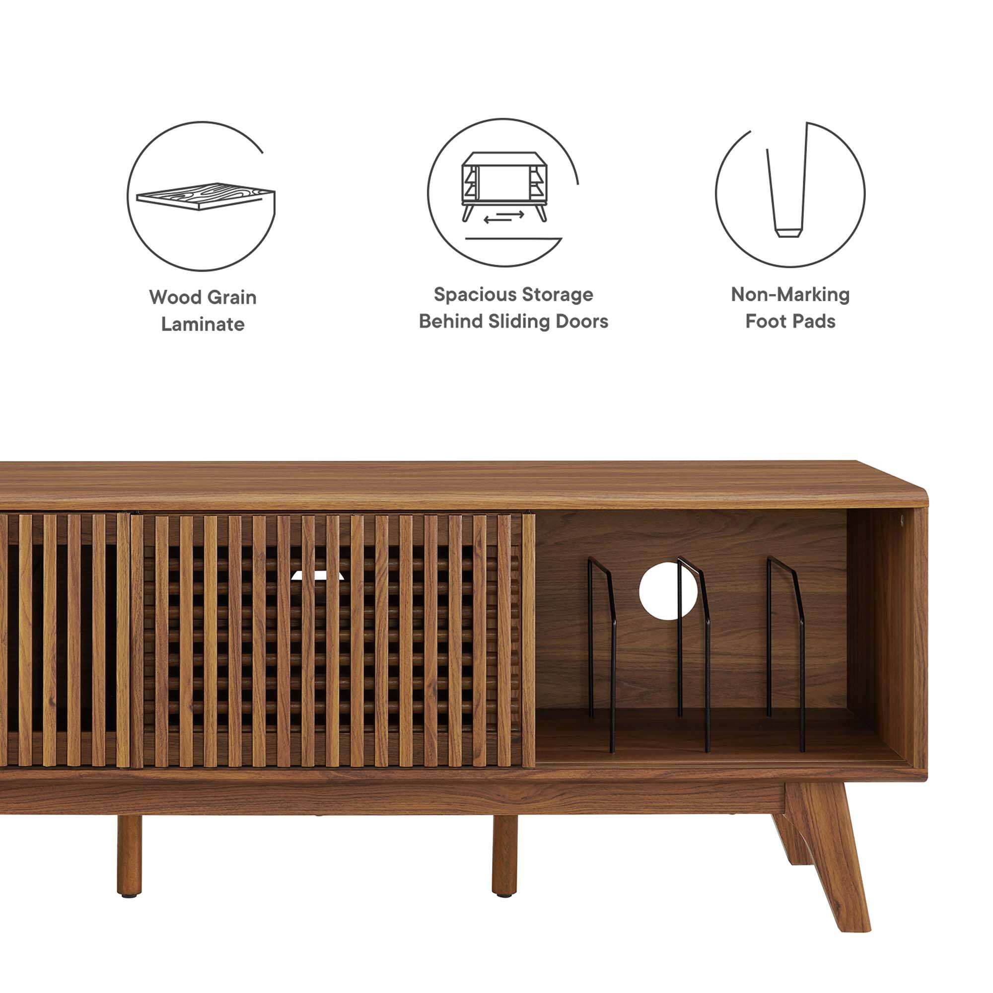 Wood Grain Laminate  
Spacious Storage Behind Sliding Doors  
Non-Marking Foot Pads