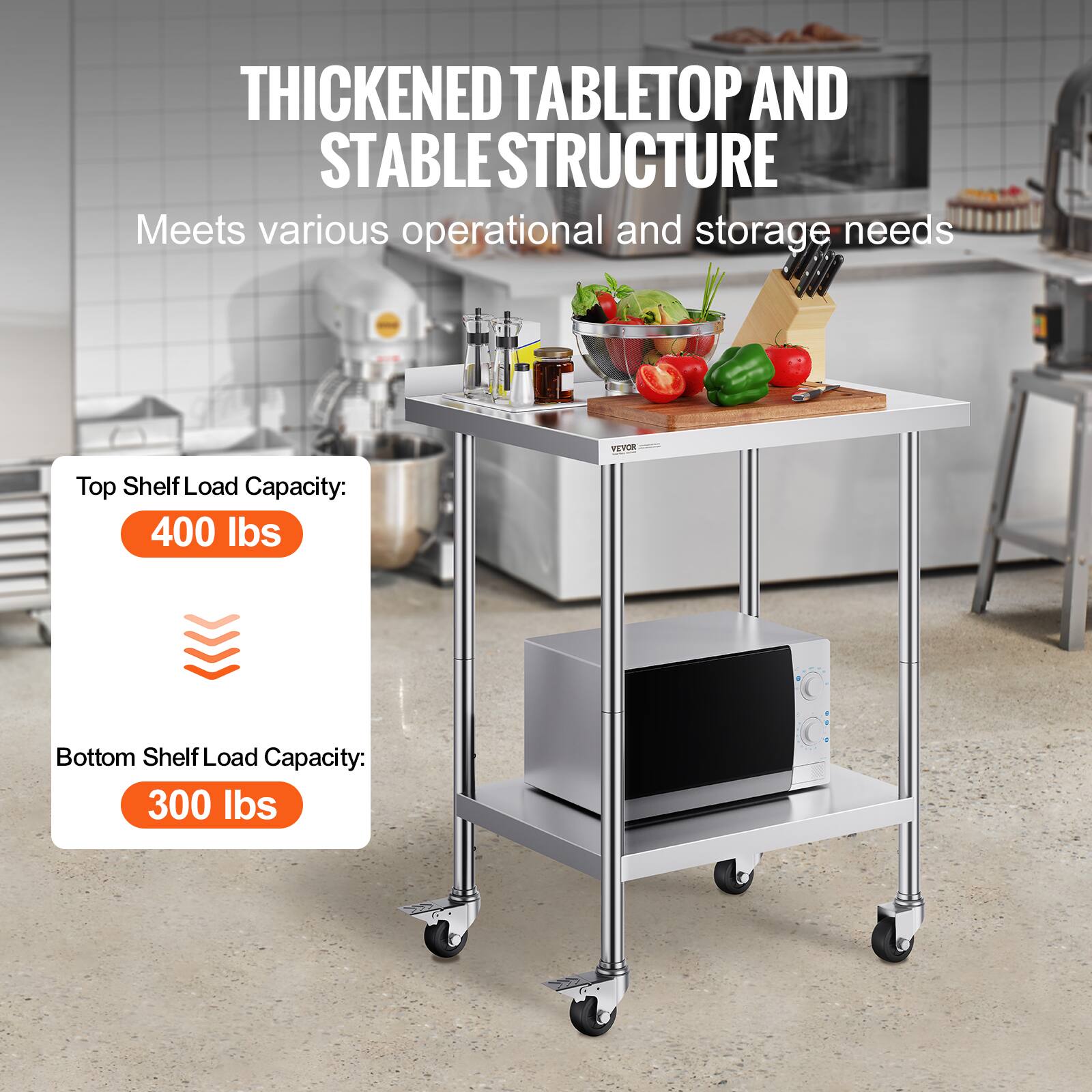 **Thickened Tabletop and Stable Structure**

Meets various operational and storage needs

- **Top Shelf Load Capacity:** 400 lbs
- **Bottom Shelf Load Capacity:** 300 lbs