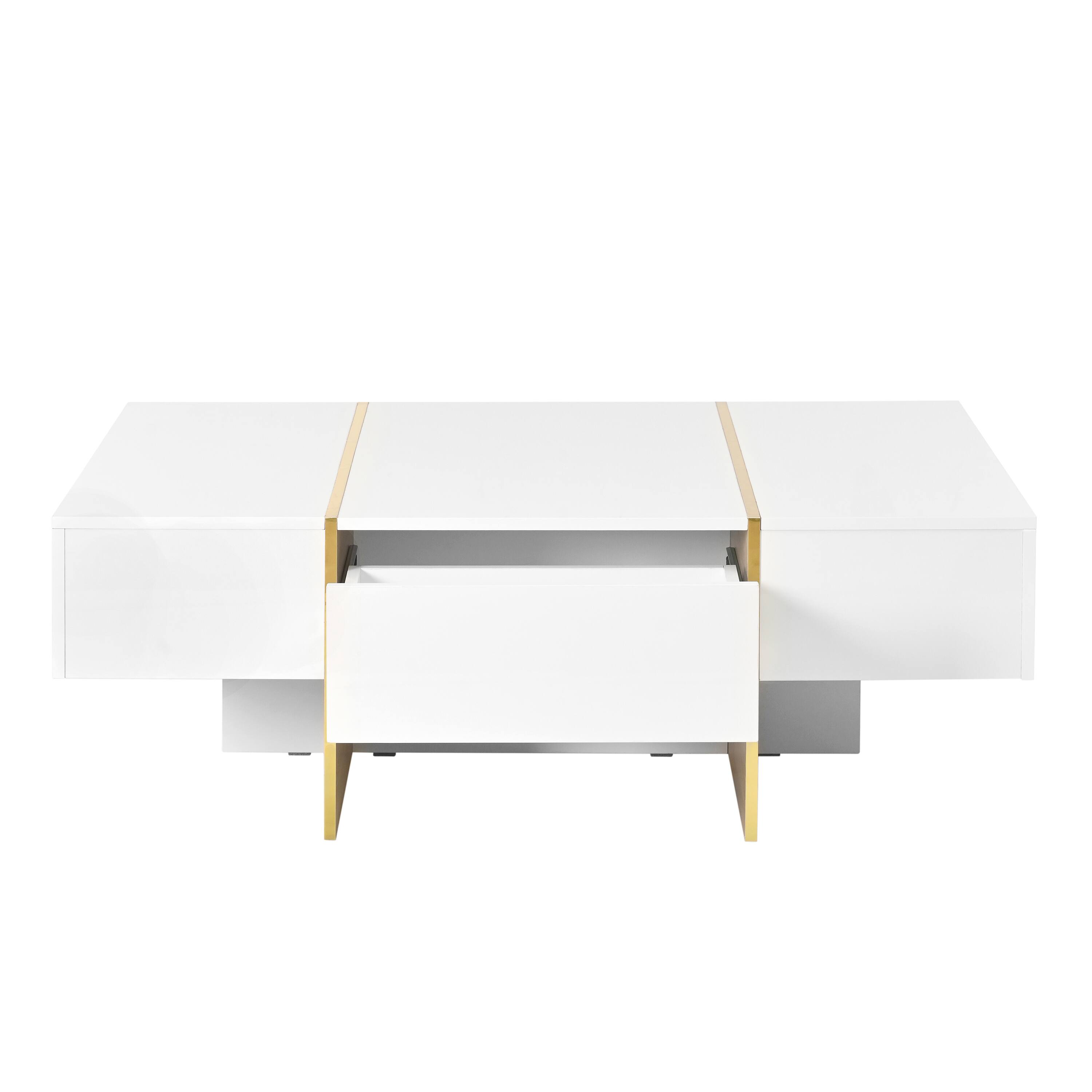Alt View 5. Tiramisubest - Minimalist High Gloss Coffee Table with 2 Drawers,Multi-Storage Rectangle Sofa Table with Golden Wood Grain Legs,White - White.