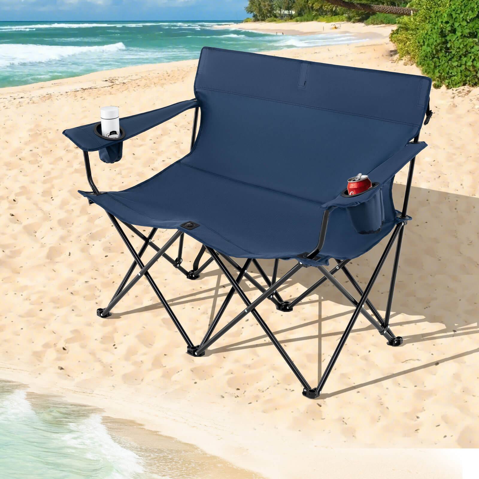 Alt View 3. Costway - Costway 2-Person Outdoor Folding Loveseat with Cup Holders Armrests Carrying Bag - Blue.