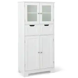 Pefilos - 3 Tier Freee-Standing Bathroom Cabinet with 2 Drawers and Glass Doors- Bathroom Storage Cabinet for Entryway - White