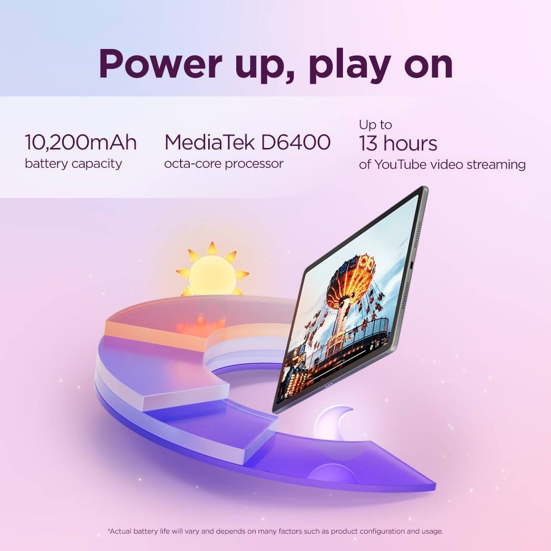 Power up, play on

10,200mAh battery capacity  
MediaTek D6400 octa-core processor  
Up to 13 hours of YouTube video streaming

*Actual battery life will vary and depends on many factors such as product configuration and usage.