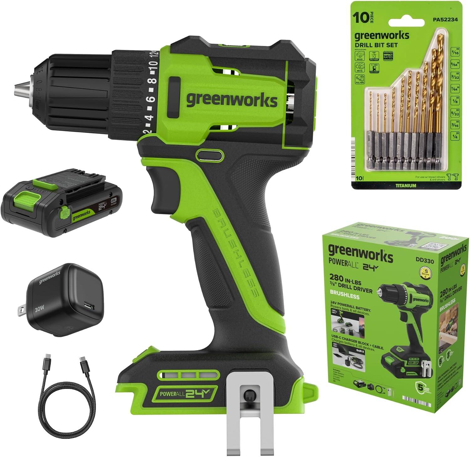 12 246810 greenworks  
10 PIECE greenworks DRILL BIT SET 1000  
PA52234 1/16" 3/32 7/64 1/8 5/32 3/16 TE 1/4  
10  
TITANIUM  
greenworks greenworks 30W  
BRUSHLESS  
greenworks POWERALL DD330 greenworks 24Y POWERALL 280 IN-LBS 3/8 DRILL DRIVER IN-LBS DRIVER BRUSHLESS 280 DRILL 24V greenworks " Powers POWERALL sants & BATTERY. BRUSHLESS  devices.  
USB/C CRUSINES CHARGER battery BLOCK 14% CABLE OUN starviews.  
POWERALL 24Y  
5 FROM