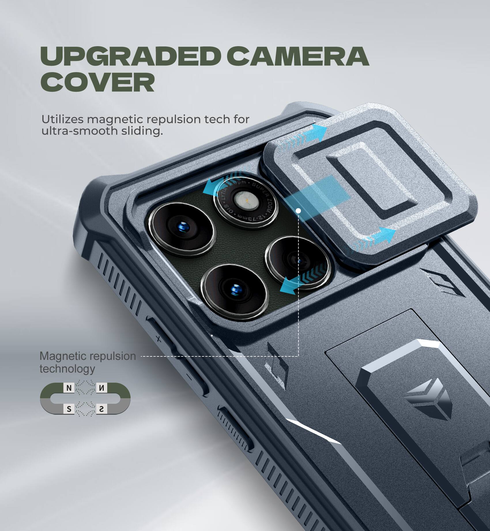 UPGRADED CAMERA COVER  
Utilizes magnetic repulsion tech for ultra-smooth sliding.  

Magnetic repulsion technology