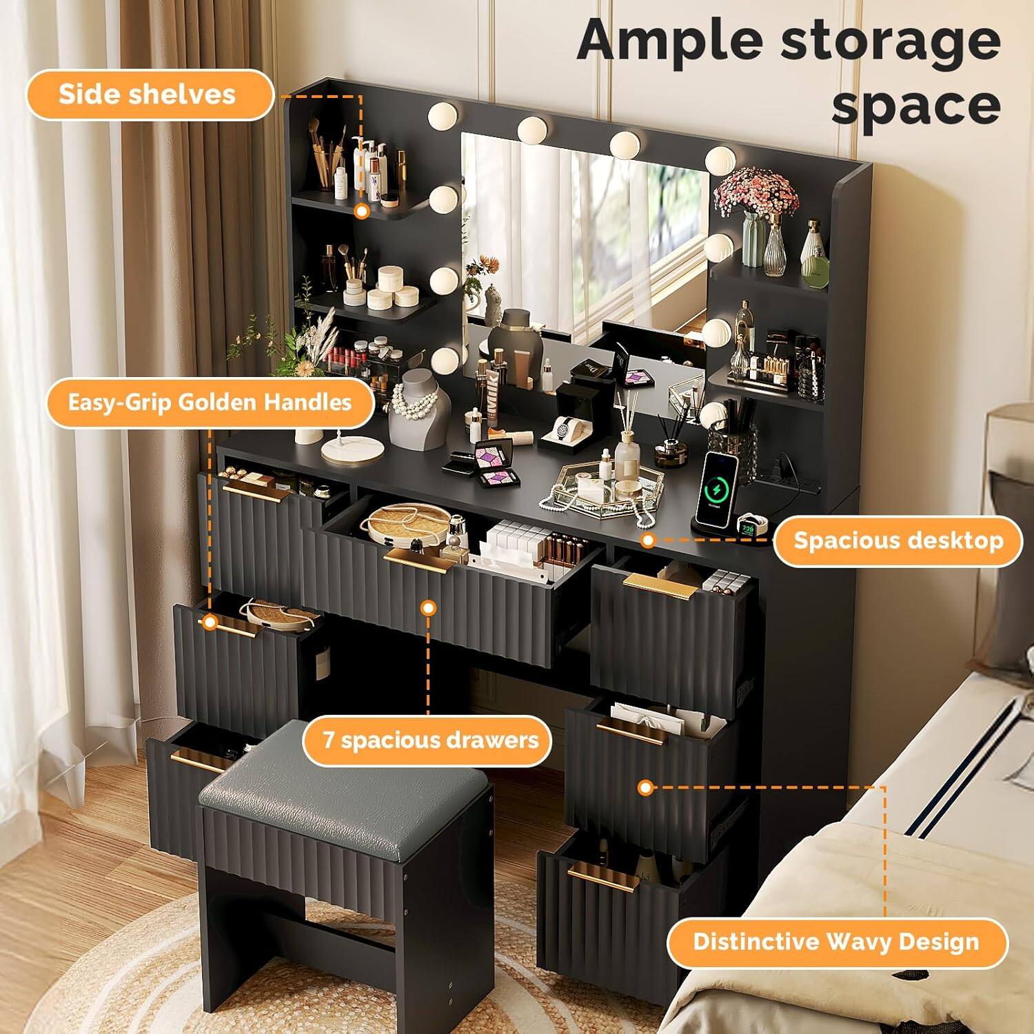 - Side shelves
- Easy-Grip Golden Handles
- Spacious desktop
- 7 spacious drawers
- Distinctive Wavy Design
- Ample storage space
