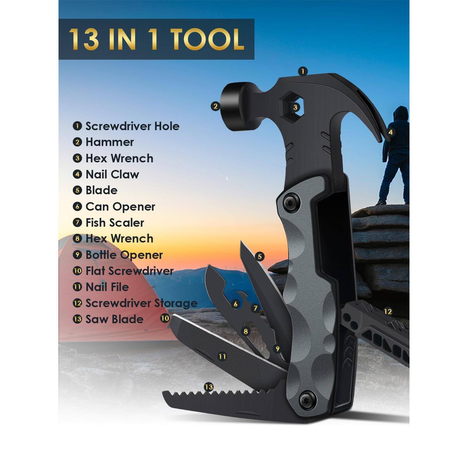 13 IN 1 TOOL

1. Screwdriver Hole
2. Hammer
3. Hex Wrench
4. Nail Claw
5. Blade
6. Can Opener
7. Fish Scaler
8. Hex Wrench
9. Bottle Opener
10. Flat Screwdriver
11. Nail File
12. Screwdriver Storage
13. Saw Blade