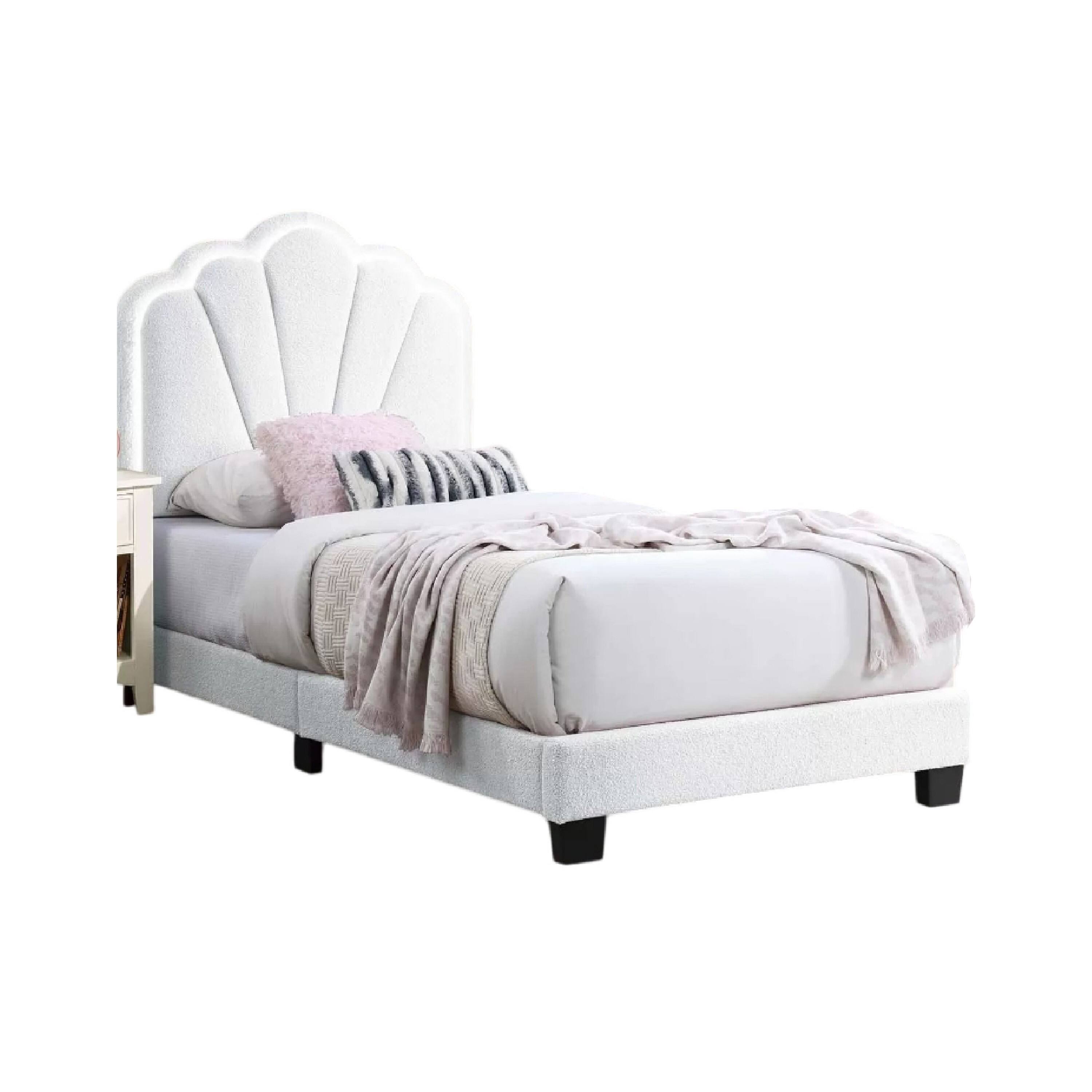 Manhattan Lane - Roxy Twin Bed, White Wool Upholstery, LED Lighting, Padded Headboard - White, Black