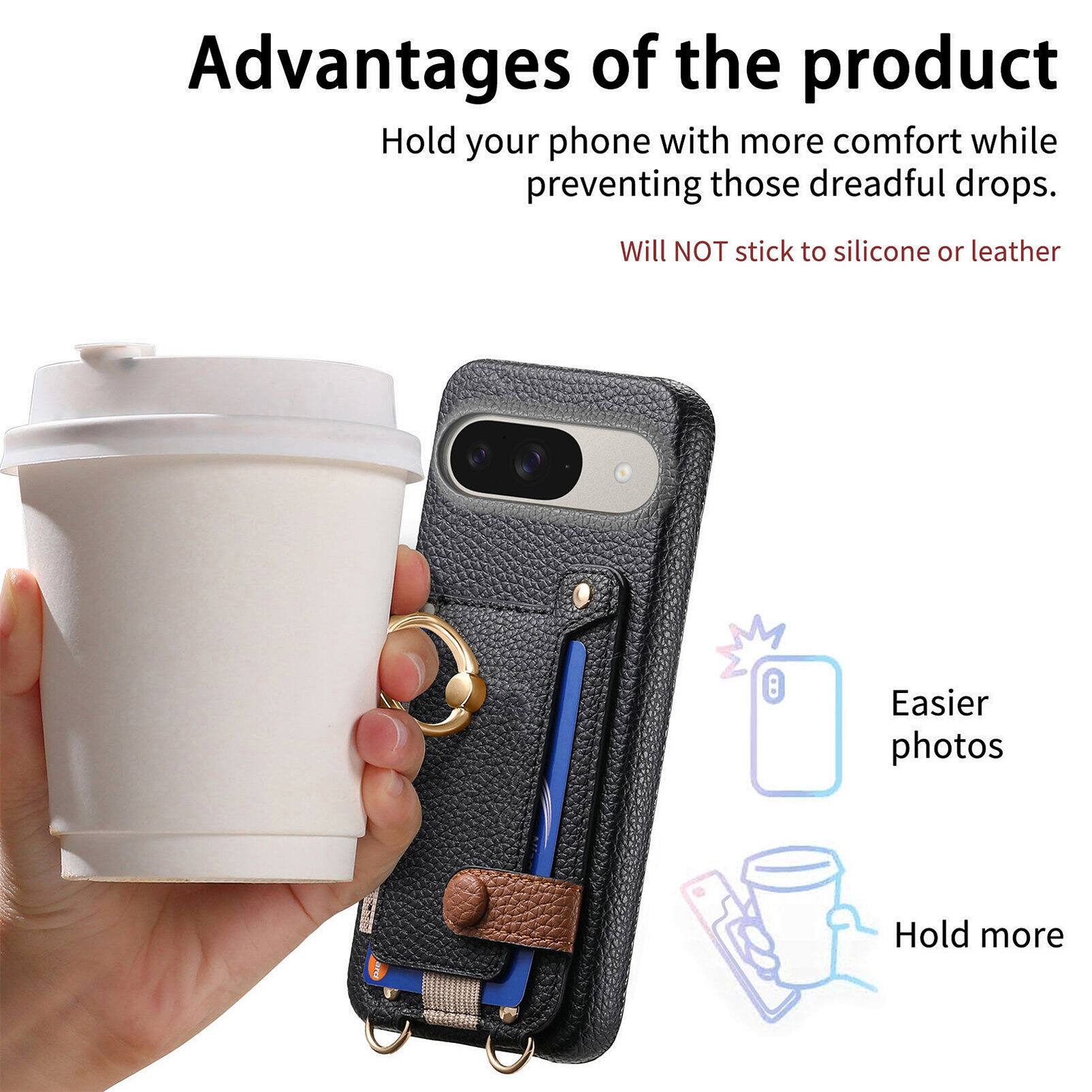 Advantages of the product

- Hold your phone with more comfort while preventing those dreadful drops.
- Will NOT stick to silicone or leather
- Easier photos
- Hold more