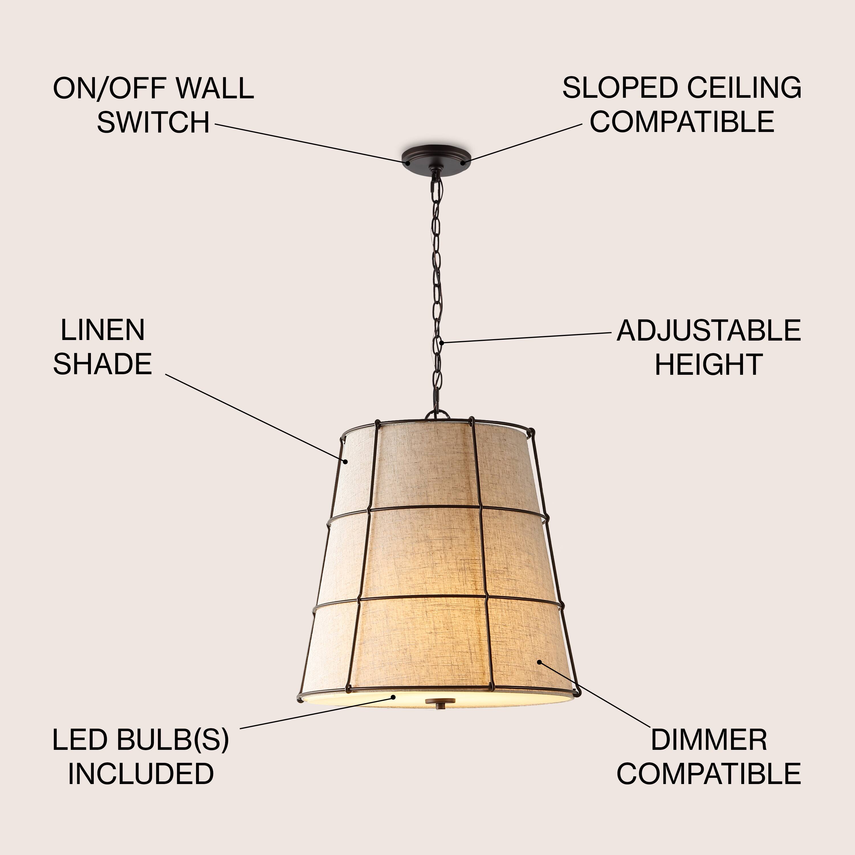 ON/OFF WALL SWITCH  
SLOPED CEILING COMPATIBLE  
LINEN SHADE  
ADJUSTABLE HEIGHT  
LED BULB(S) INCLUDED  
DIMMER COMPATIBLE