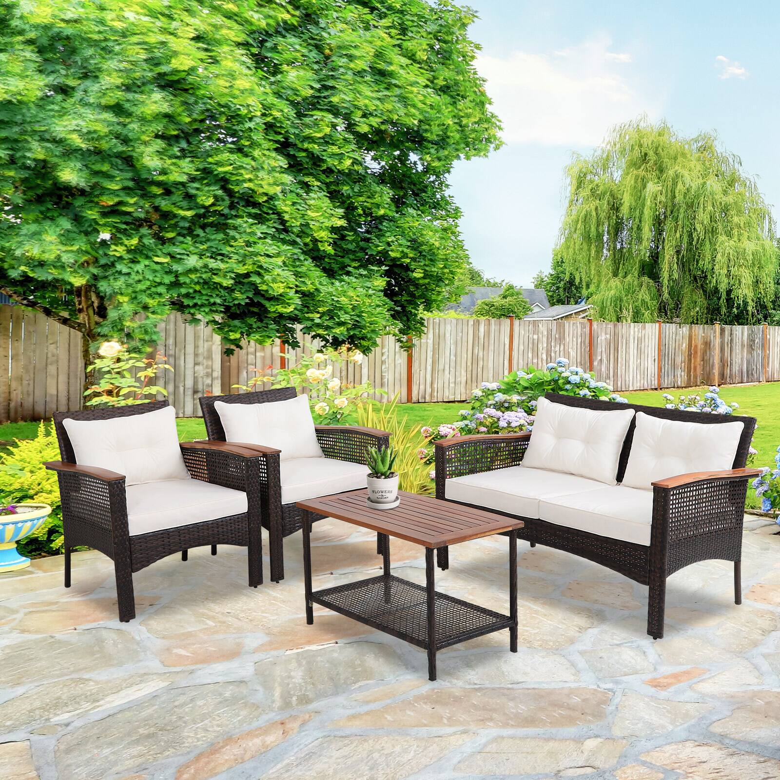 Alt View 8. Gymax - Gymax 4PCS Rattan Patio Furniture Set Acacia Wood Outdoor Conversation Set w/ Cushions - Off White.