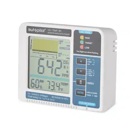autopilot CO2 TEMP / RH MONITOR WITH DATA LOGGER
- ZONE AVG HI TARGET PPM
- CO2 CHART - AVG -1d 2h LO
- vibl 0 PPM CO2 642 PPM
- RH 60% 73.4 TEMP F
- CO2 RANGE TEMP RANGE 0-5000ppm RH 32-122F RANGE 10-95% (0-50C)
- CO2 LEVEL HIGH TARGET LOW Too High/Low when Flashing
- CO. TEMP RH
- 1 MIN 1 HOUR - DAY - WEEK
- MENU ENTER HOLD HOME MAX MIN
- 2-CH. GAS SENSOR