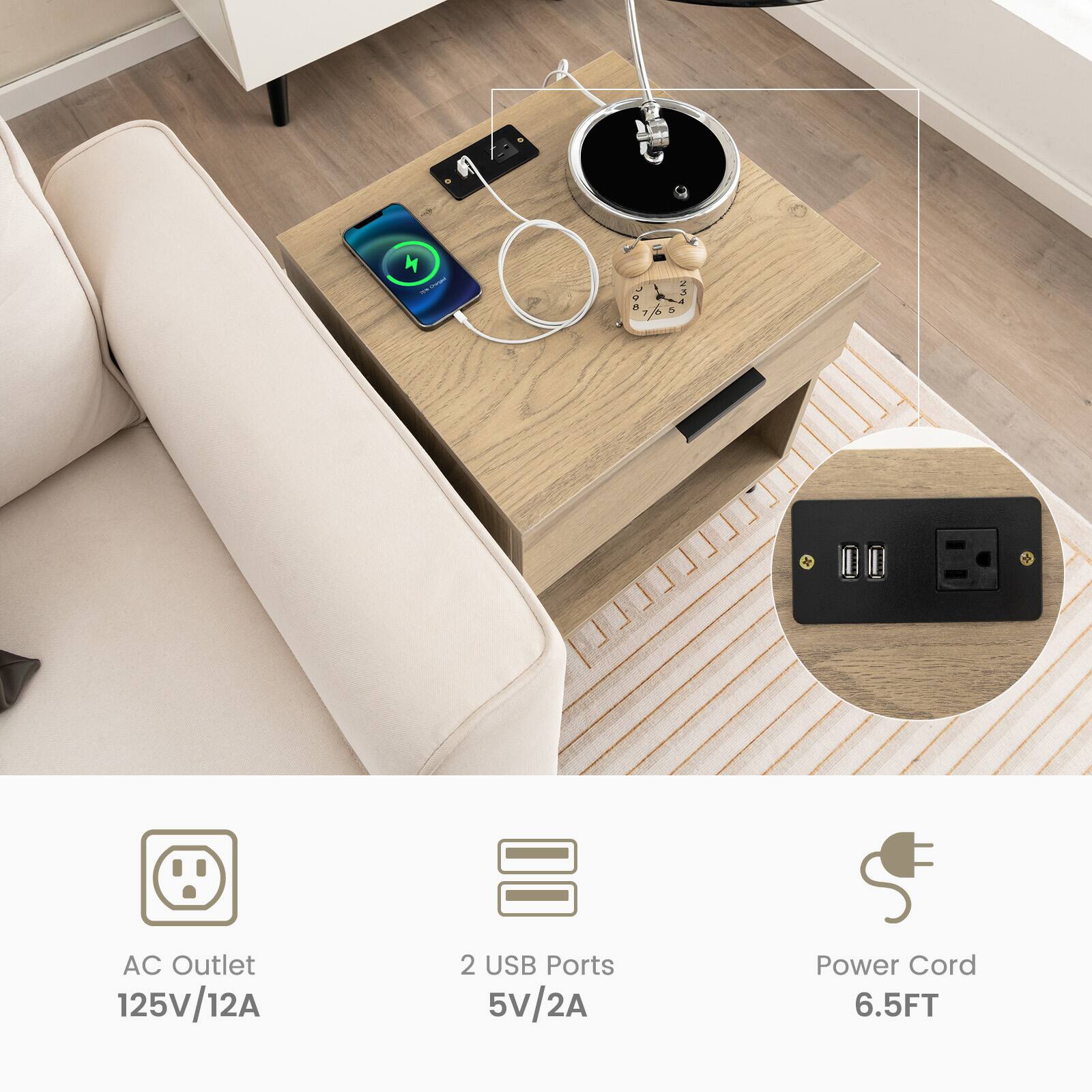 The image features a wooden table with a variety of electronic devices and chargers. There is a cell phone, a laptop, and a mouse on the table. Additionally, there are two USB ports and a power cord with a length of 6.5 feet. The table also has an AC outlet with a voltage of 125V and a current of 12A.
