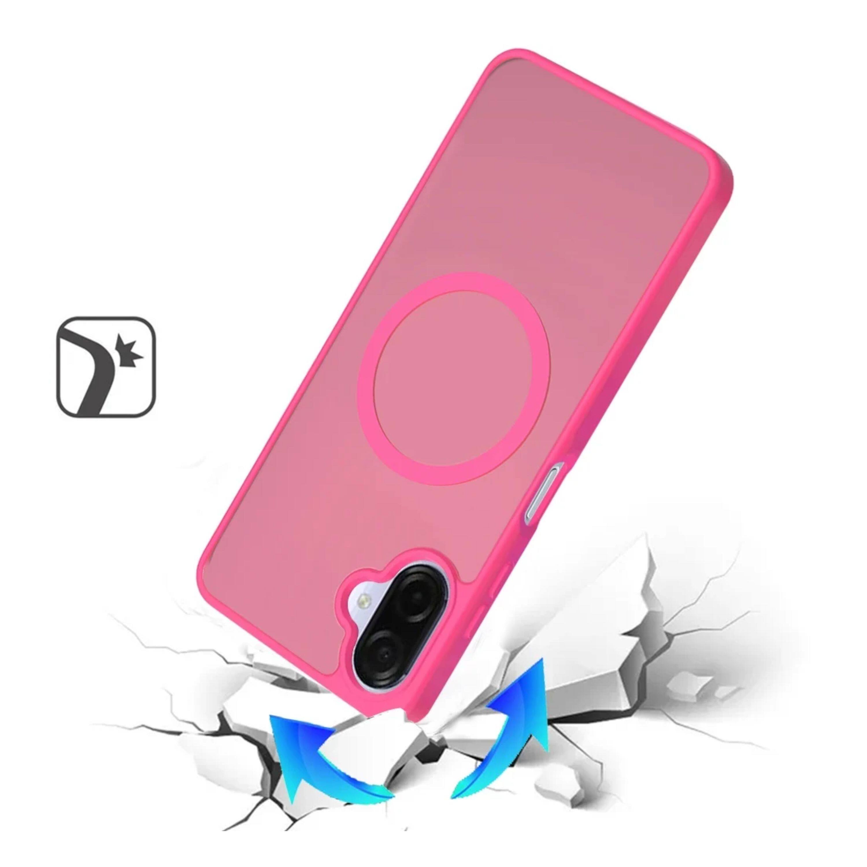 Left. Kitcheniva - Soft Touch Magnetic Circle Frosted Back Phone Case With Tempered Glass For Samsung Galaxy A07 Hot Pink - Hot Pink.