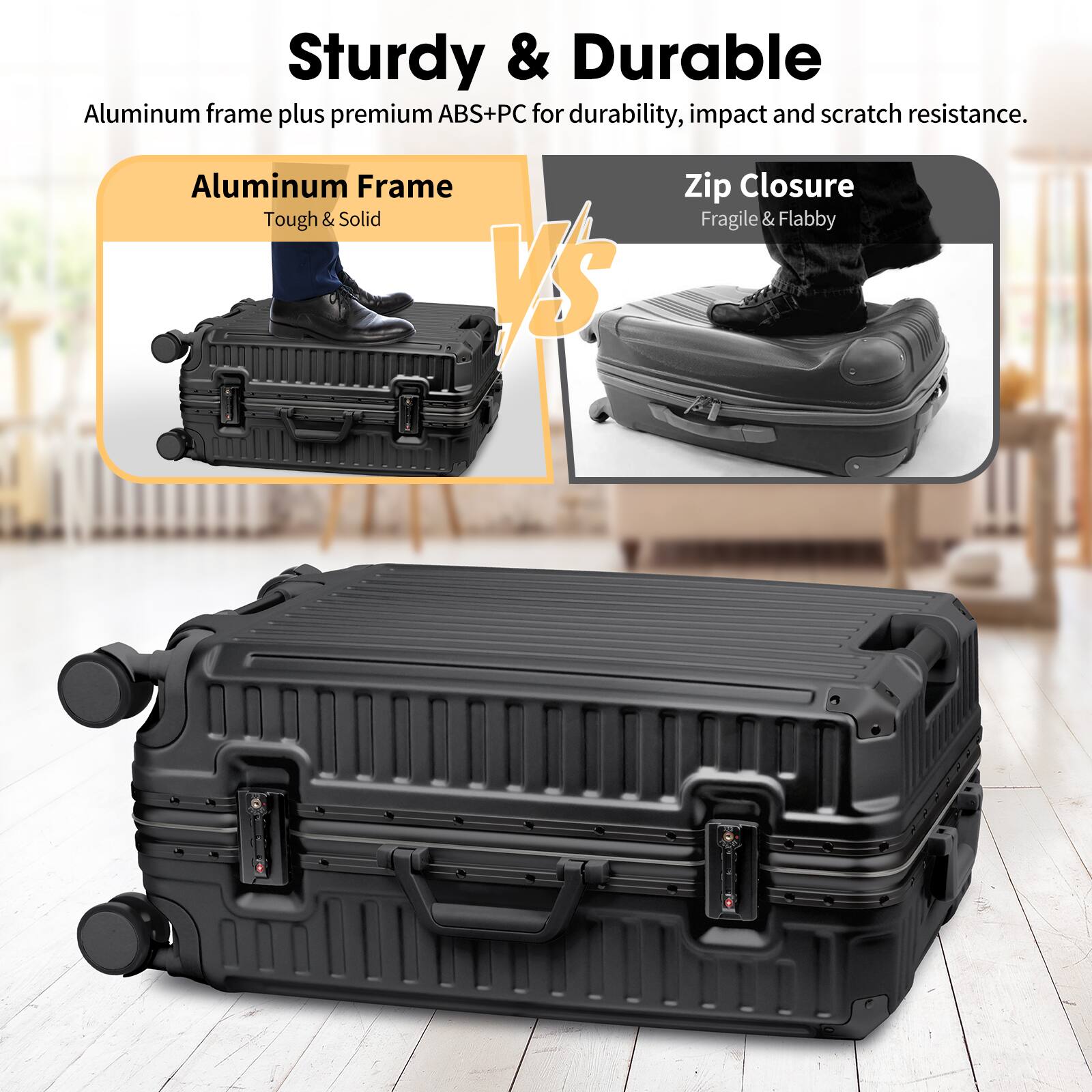 Sturdy & Durable

Aluminum frame plus premium ABS+PC for durability, impact and scratch resistance.

Aluminum Frame  
Tough & Solid

VS

Zip Closure  
Fragile & Flabby