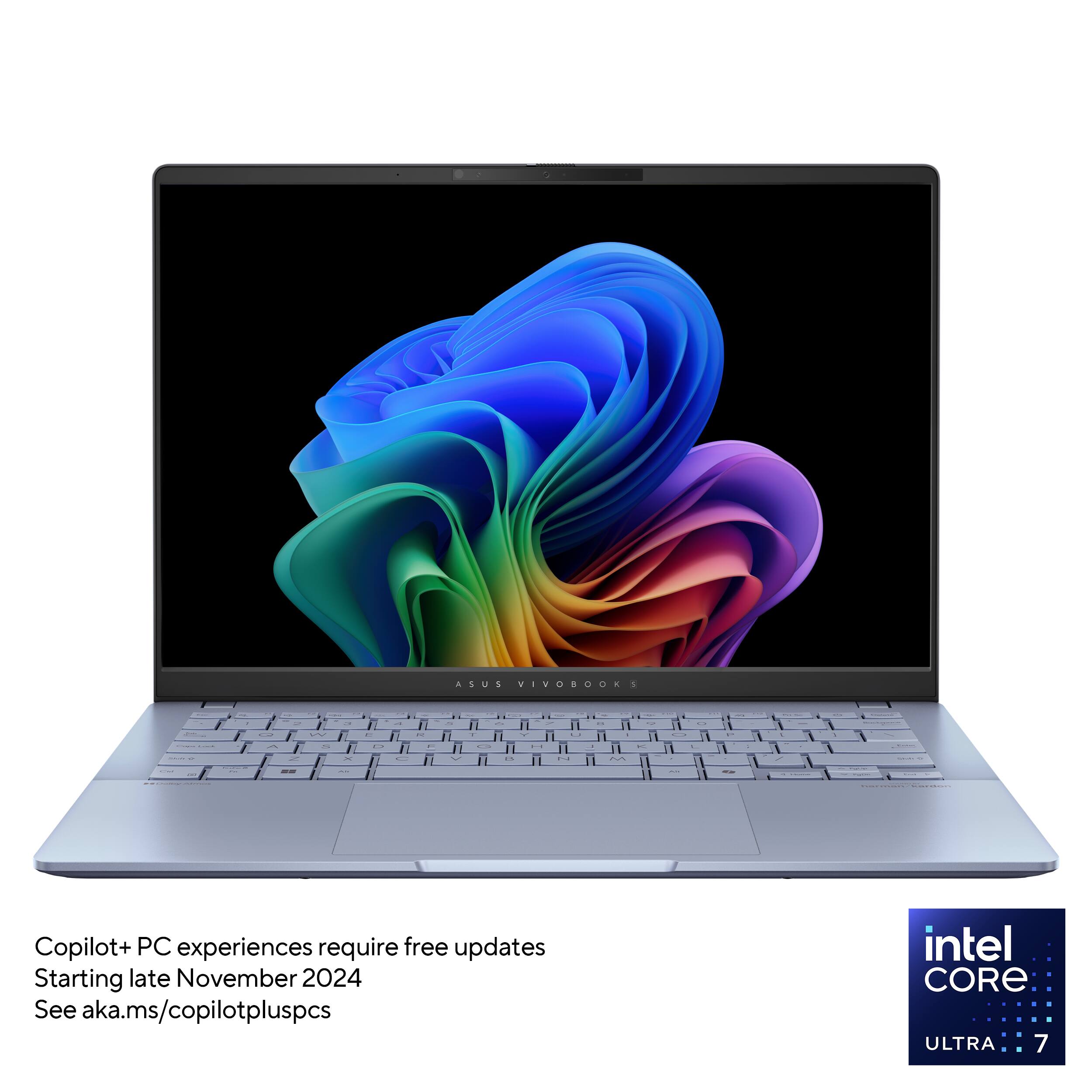 The text on the image reads: "Copilot+ PC experiences require free updates starting late November 2024. See aka.ms/copilotpluspcs intel CORE ULTRA 7."